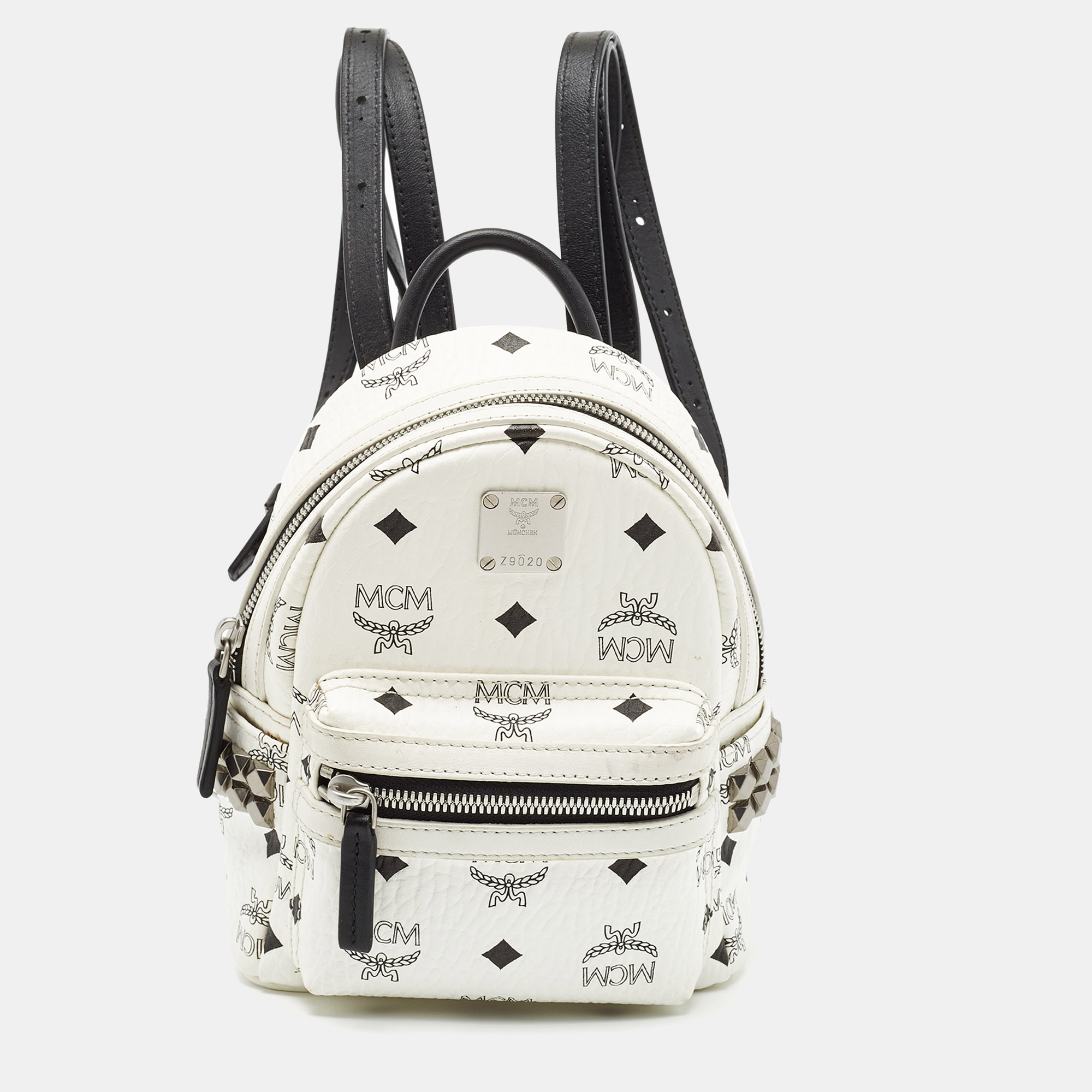 Pre-owned Mcm White/black Visetos Coated Canvas And Leather Mini Stark-bebe Boo Backpack