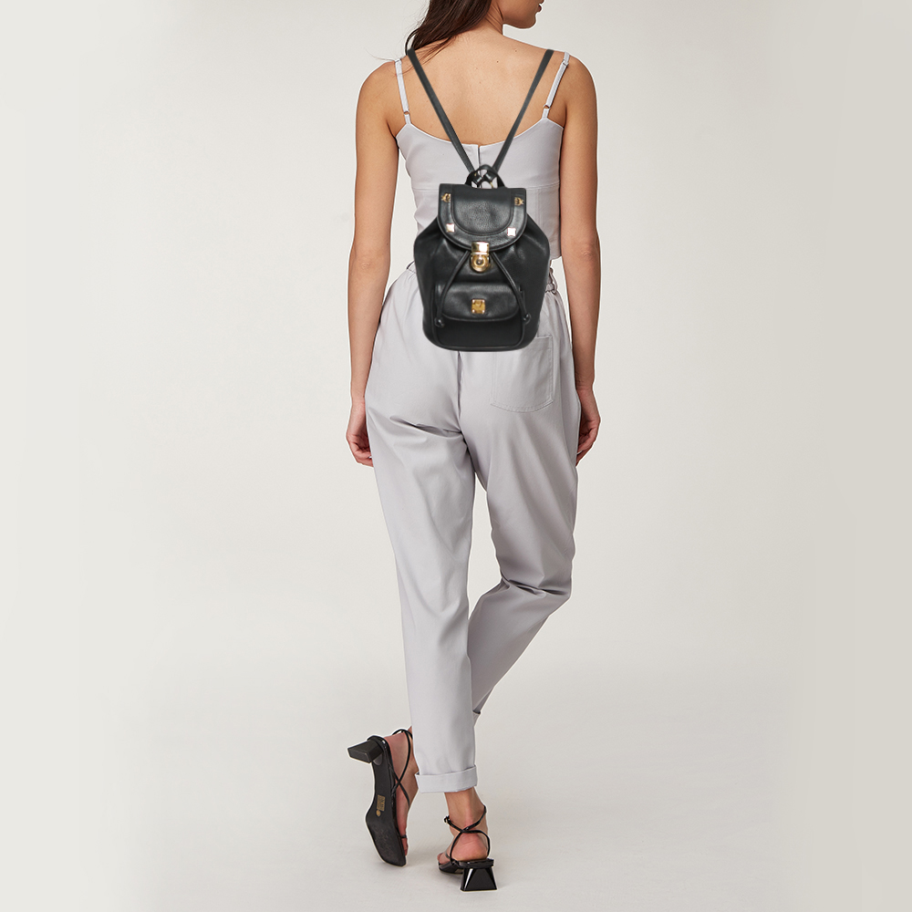 

MCM Black Leather Mini Drawstring Backpack
