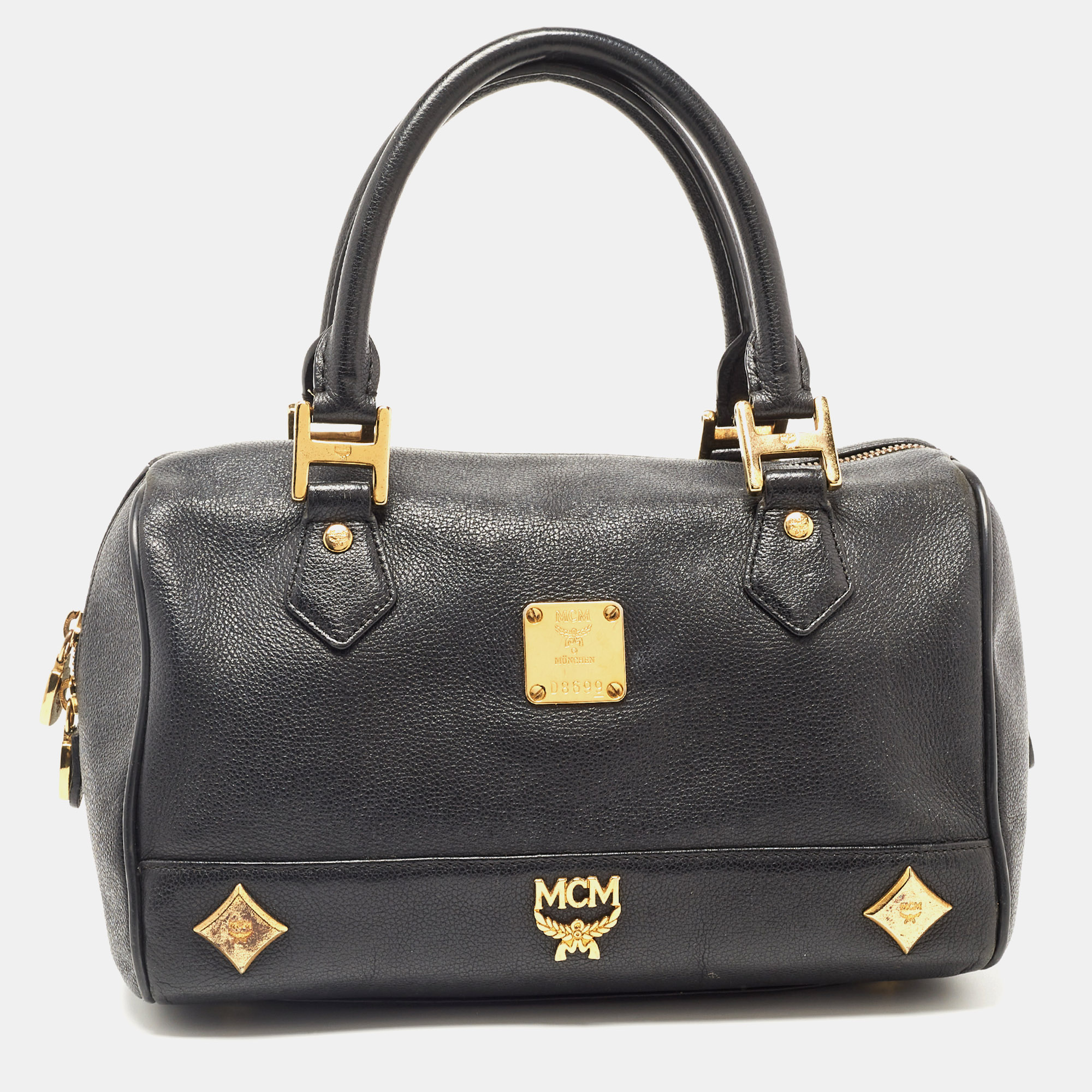 Pre-owned Mcm Black Leather Embellished Boston Bag