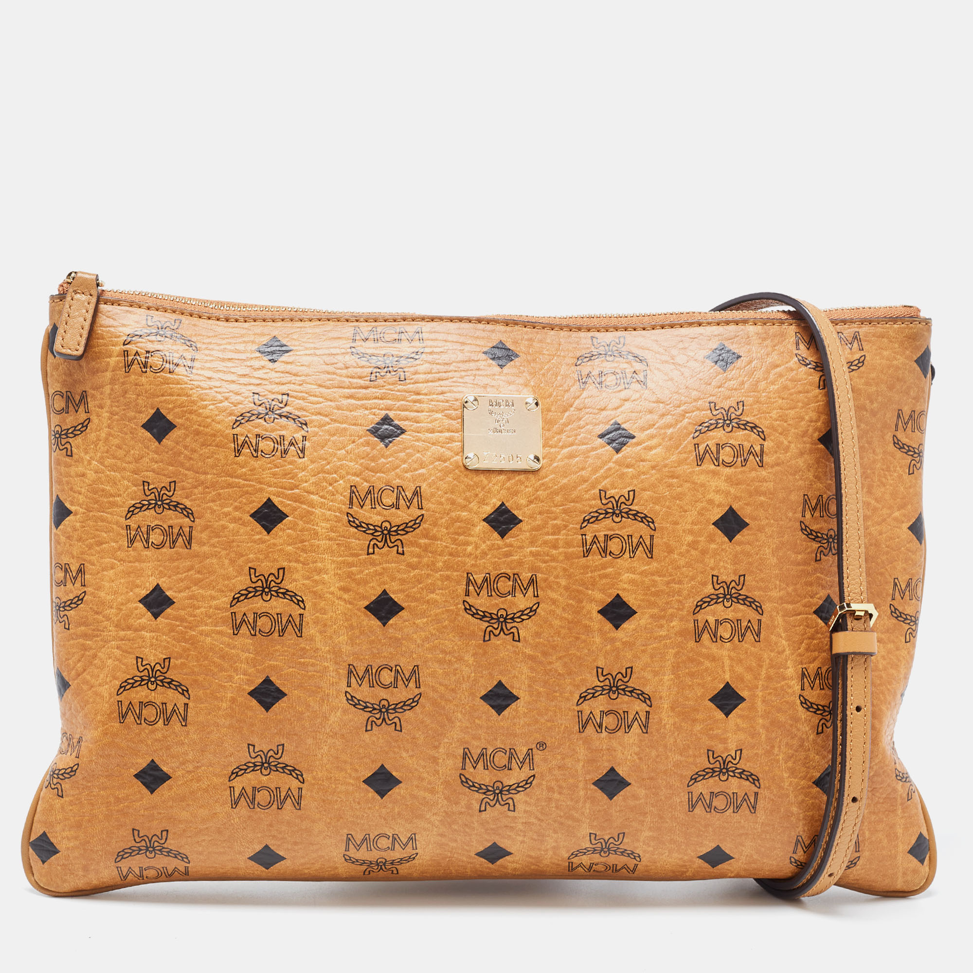 Pre-owned Mcm Cognac Visetos Coated Canvas Zip Top Strap Pouch In Brown