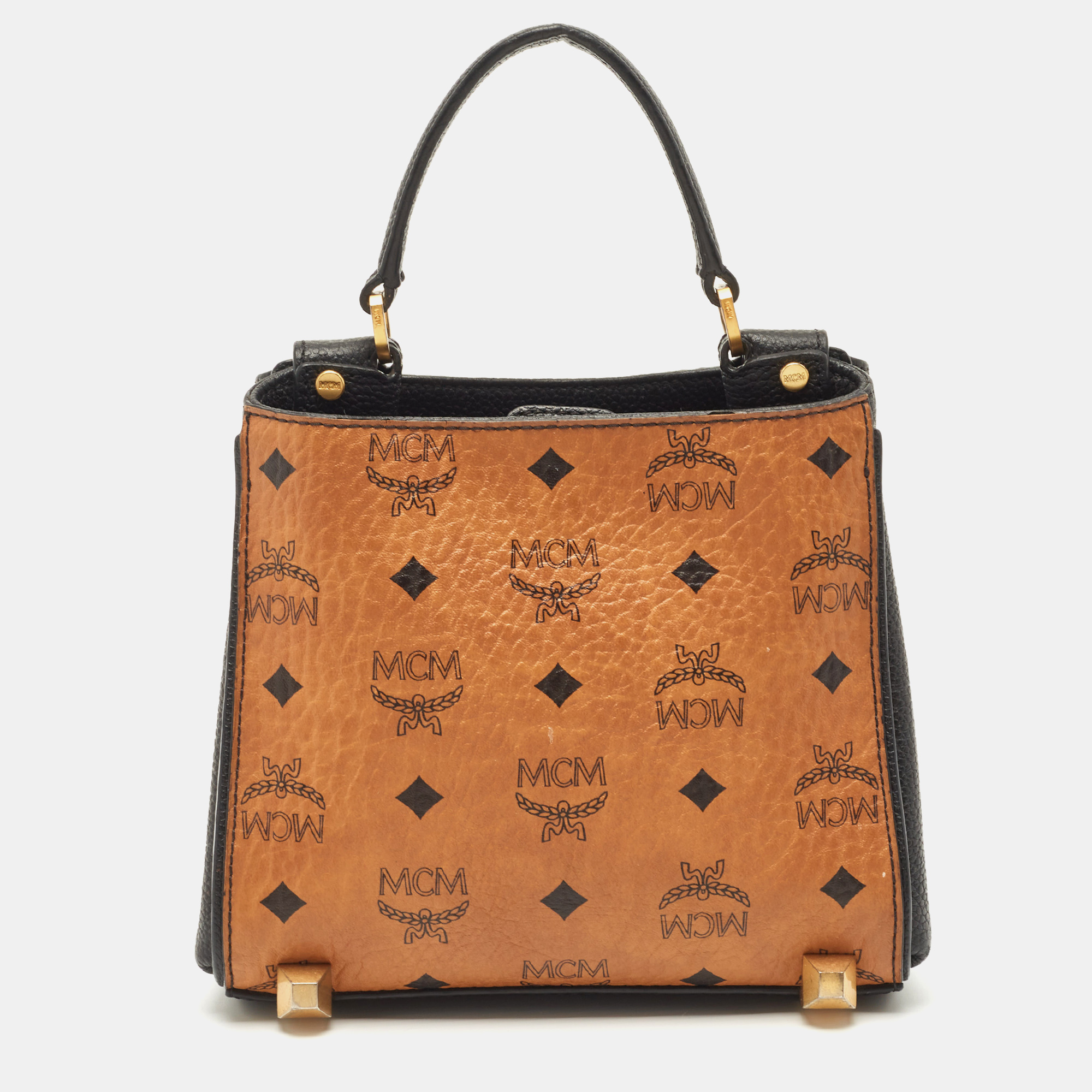 Pre-owned Mcm Black/cognac Visetos Leather Mini Corina Top Handle Bag In Brown