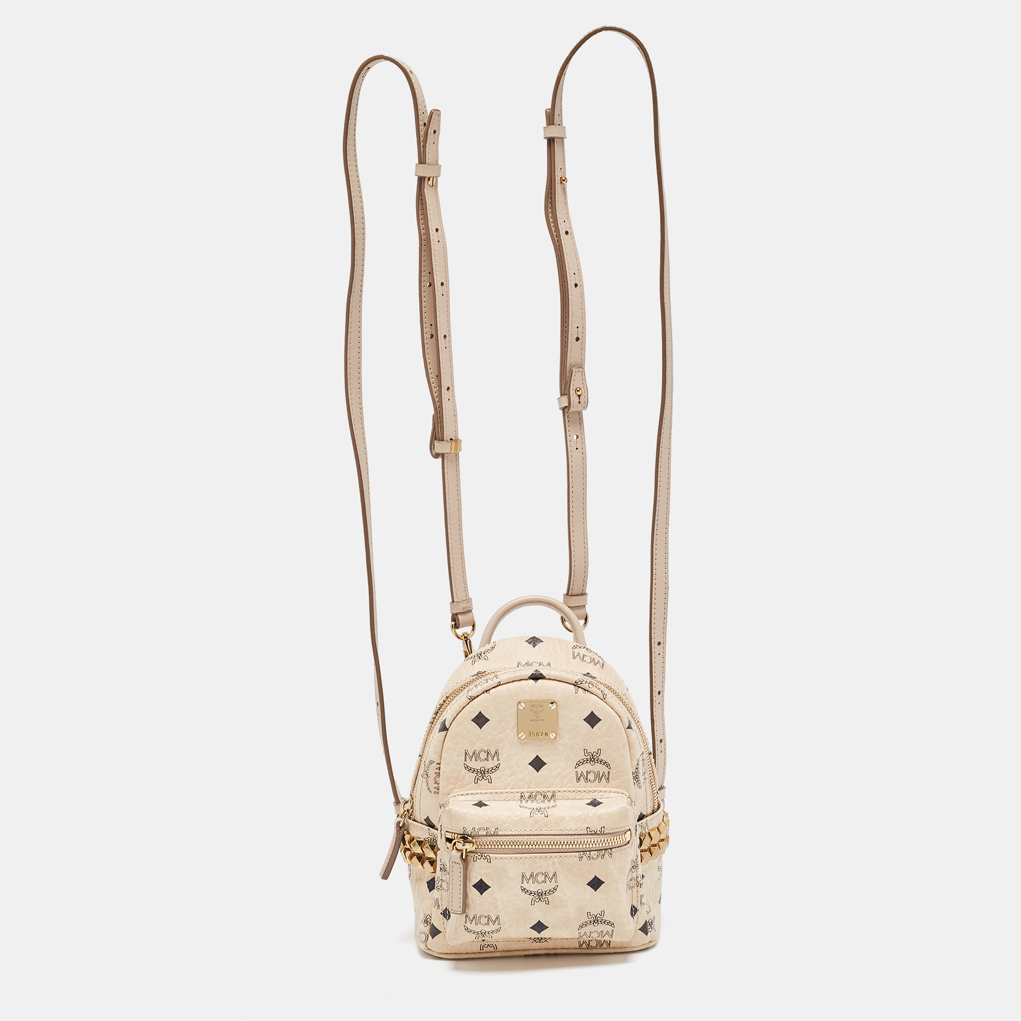 Pre-owned Mcm Beige Visetos Coated Canvas And Leather Mini Studded Stark-bebe Boo Backpack