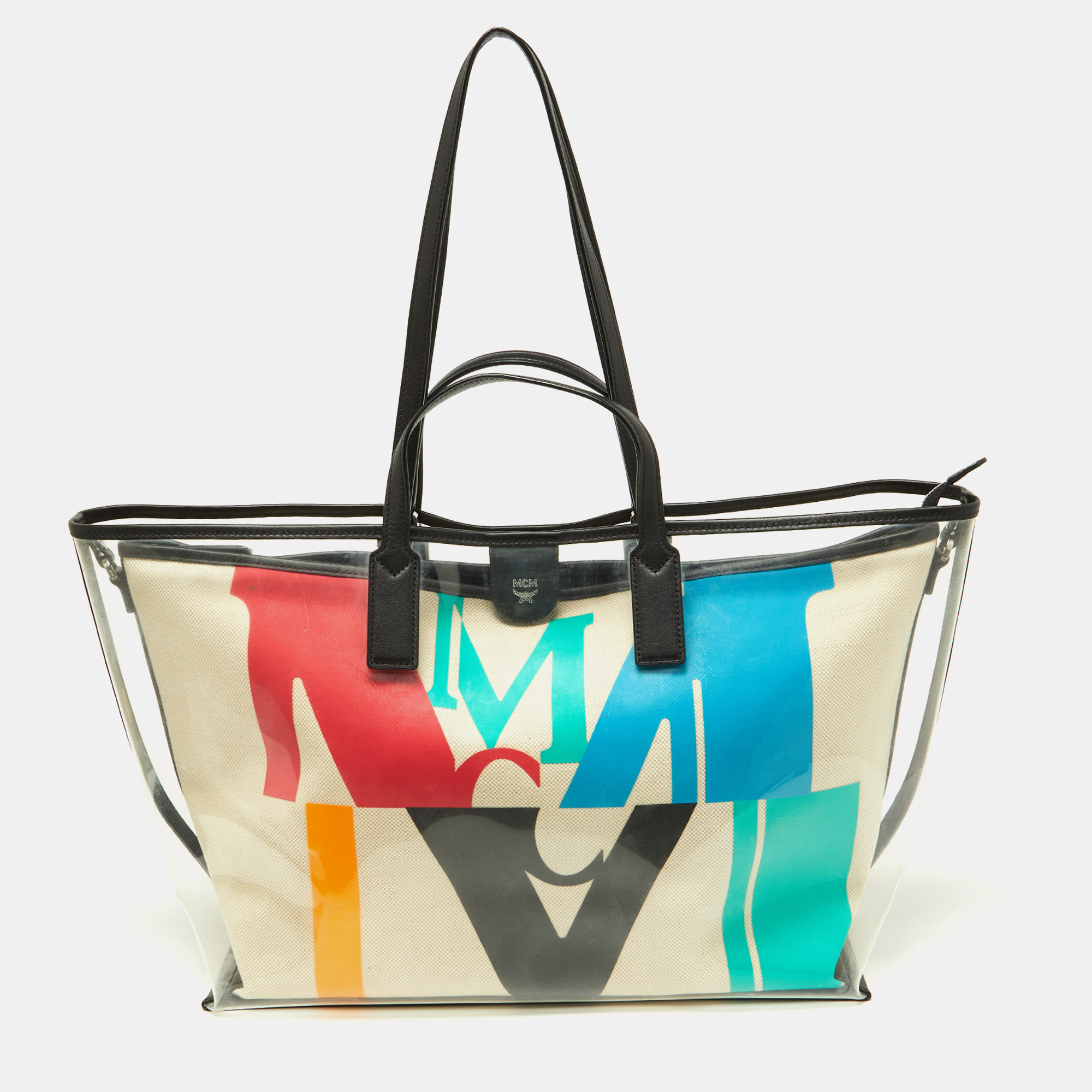 Click to view more detailed imagery on our partner's website Pre-owned Mcm Transparent/black Pvc And Leather Glitch Logo Shopper Tote