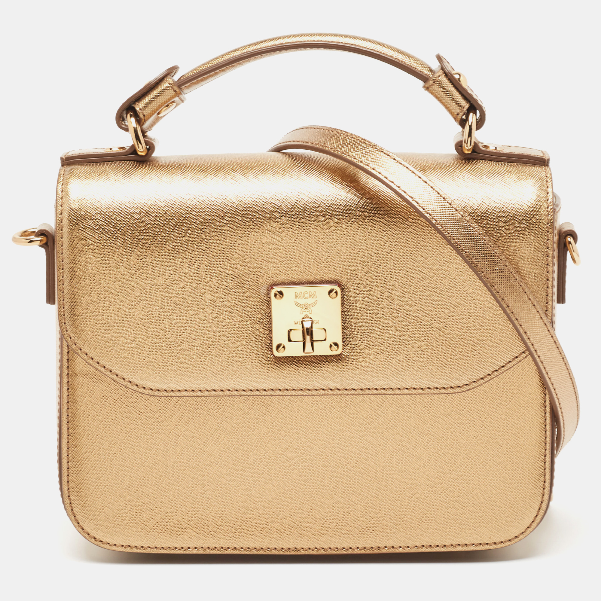 Pre-owned Mcm Bronze Leather Turnlock Flap Top Handle Bag In Brown