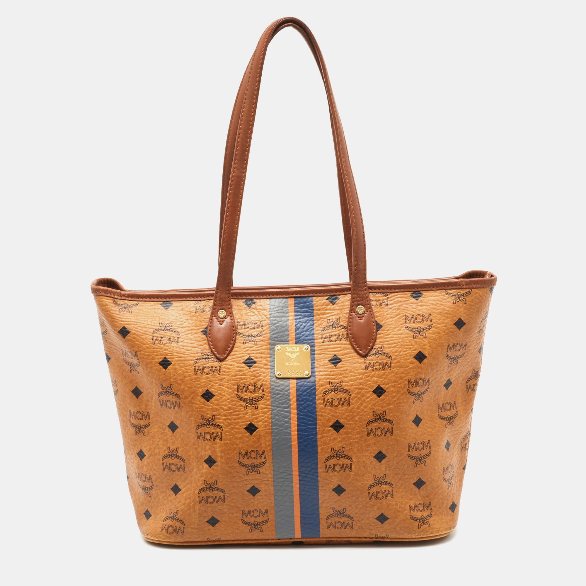 MCM Brown Visetos Coated Canvas and Leather Stripe Tote