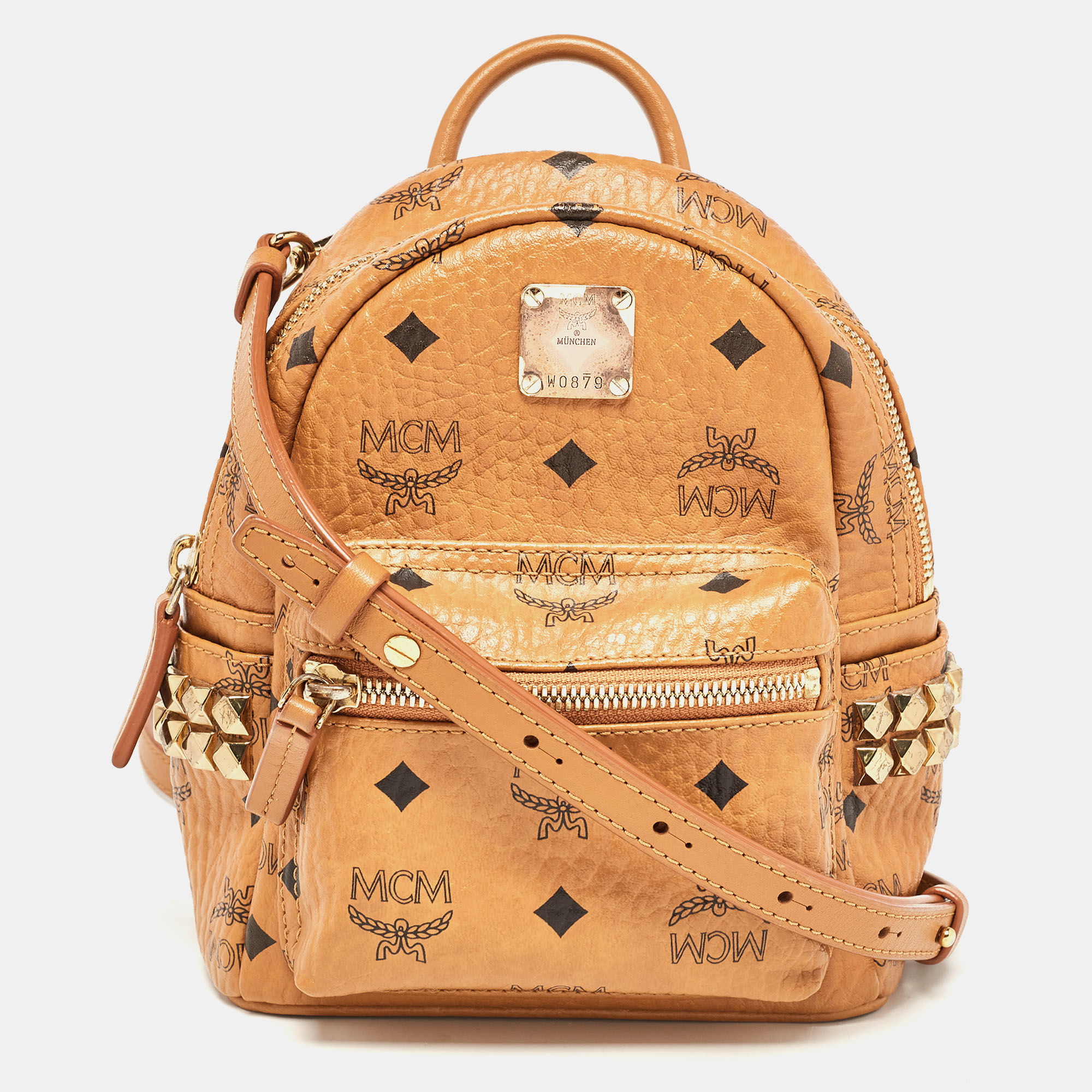 

MCM Cognac Visetos Coated Canvas and Leather Mini Studded Stark-Bebe Boo Backpack, Tan