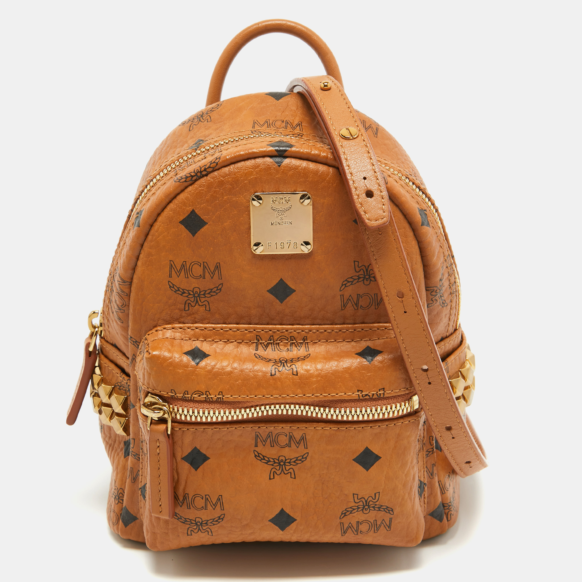 Pre-owned Mcm Cognac Visetos Coated Canvas Mini Studded Stark Bebe Boo Backpack In Brown