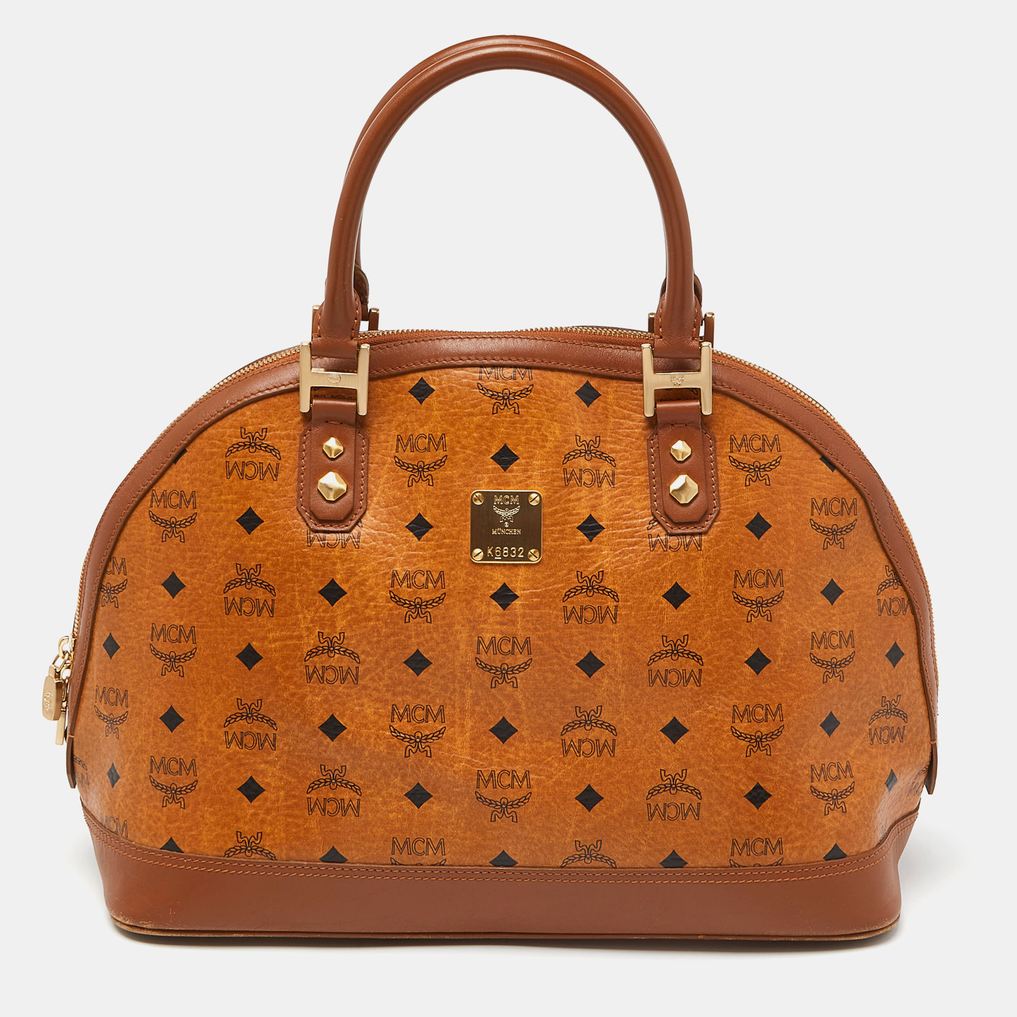 Pre Owned MCM Cognac Visetos Coated Canvas and Leather Dome Satchel
