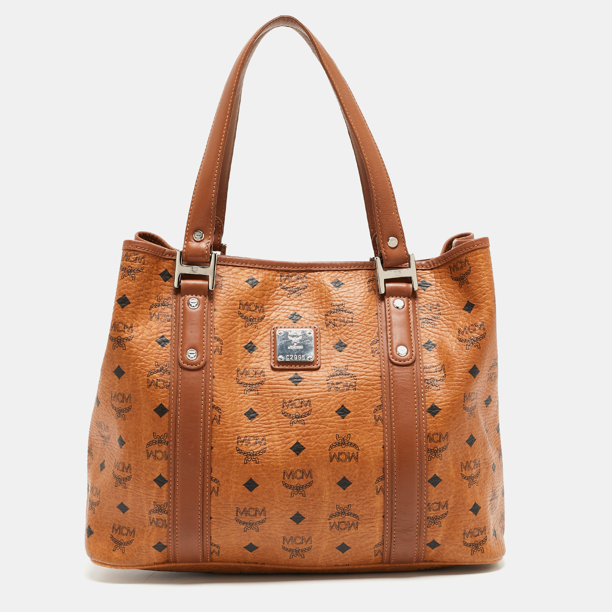 

MCM Cognac Visetos Coated Canvas and Leather Shopper Tote, Brown