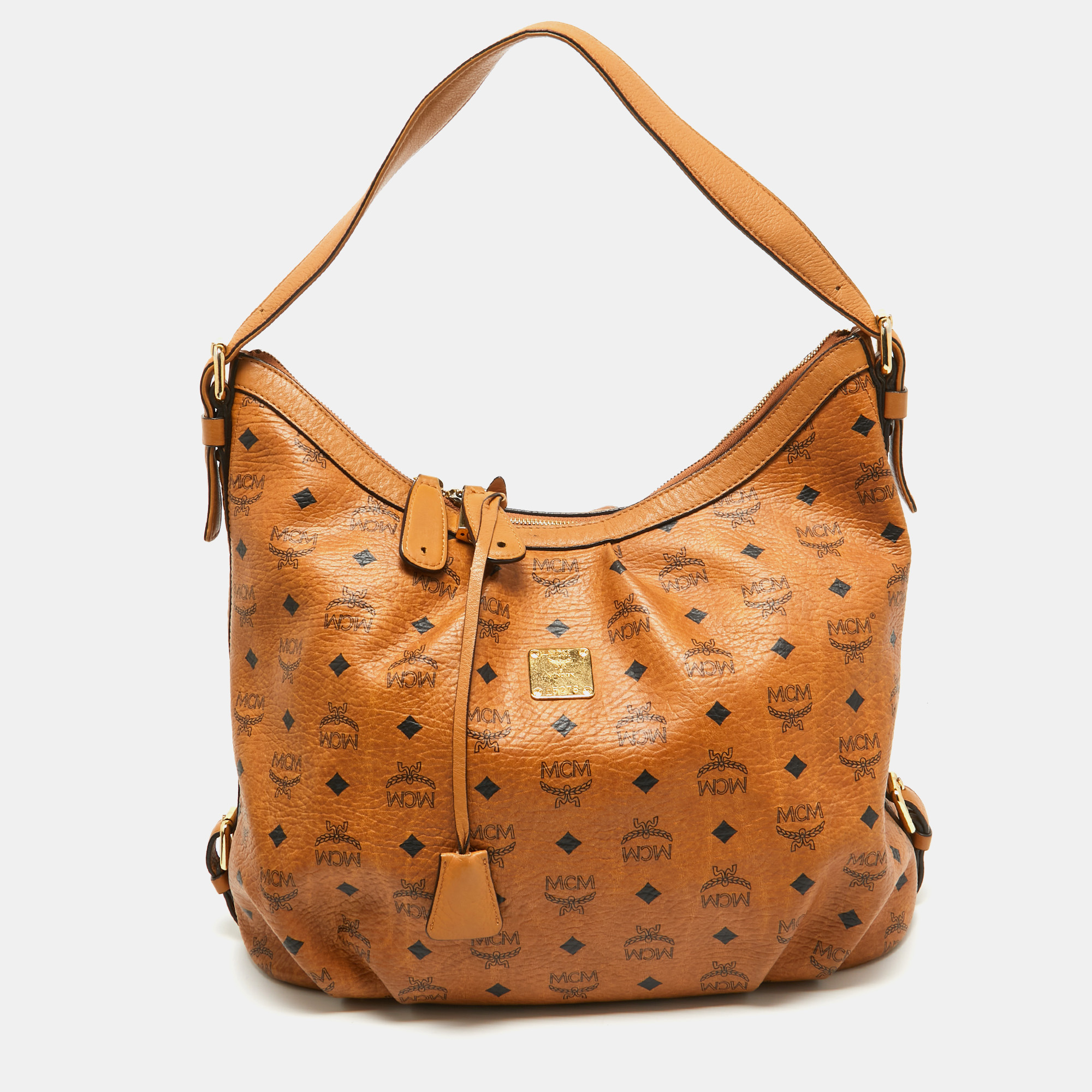 

MCM Cognac Visetos Coated Canvas and Leather  Hobo, Brown
