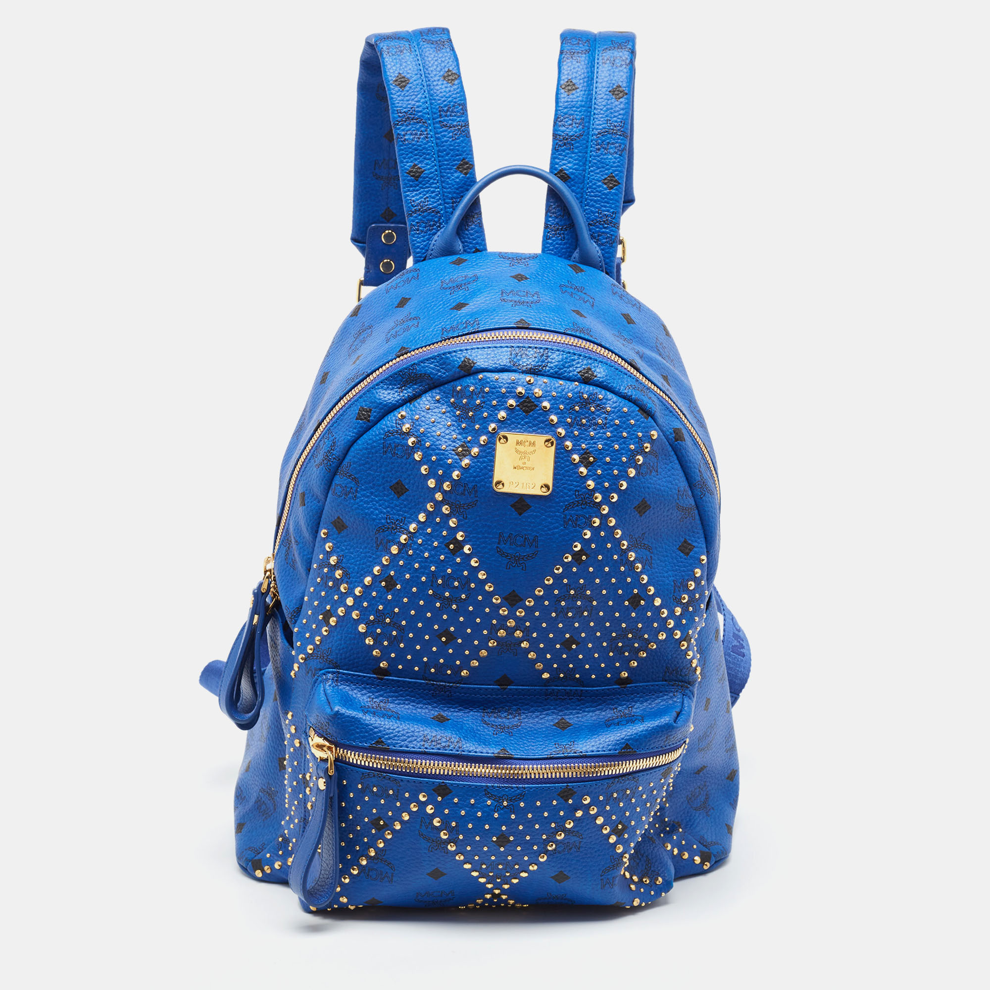 Pre-owned Mcm Blue Visetos Leather Large Studded Stark Backpack
