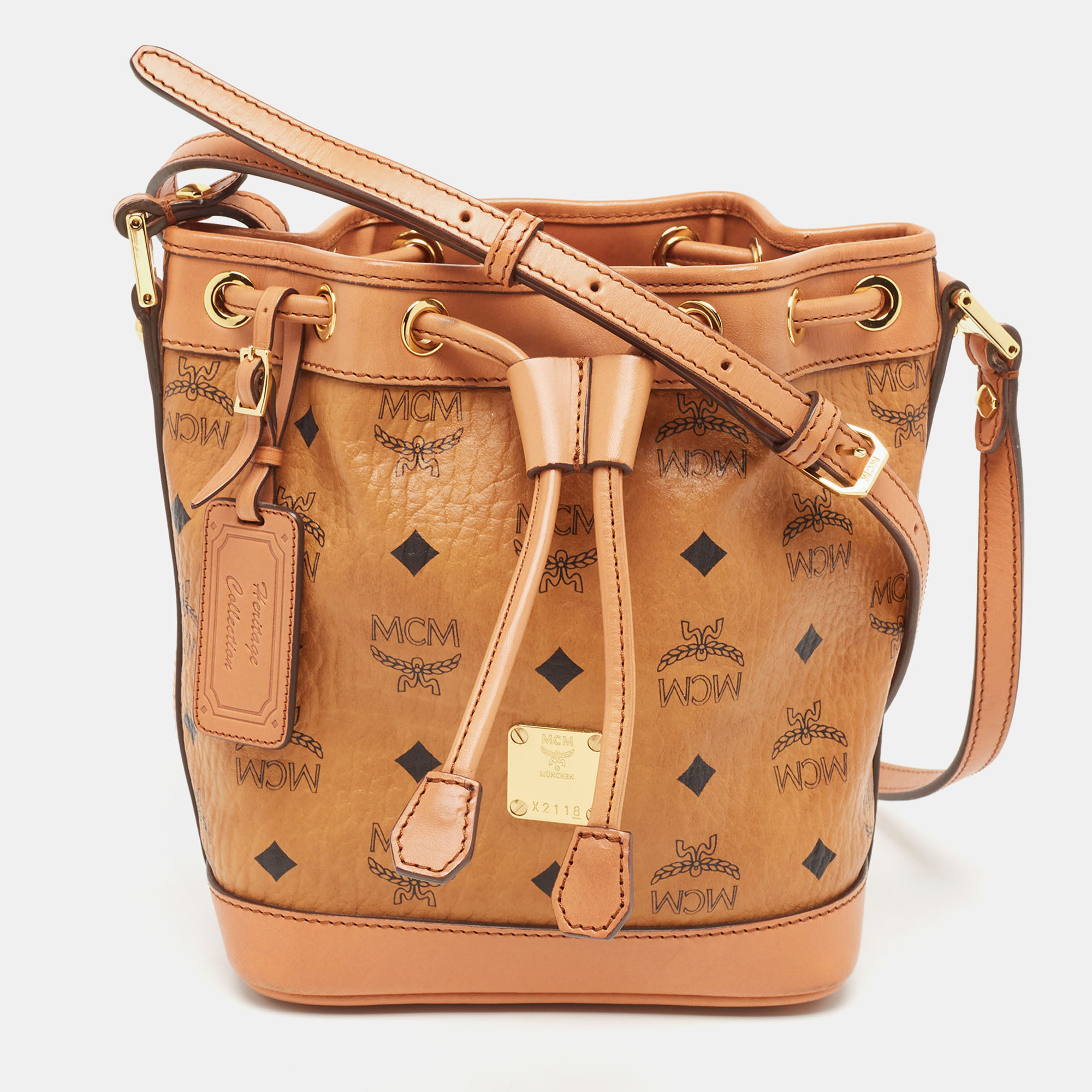 MCM Cognac Visetos Coated Canvas and Leather Mini Drawstring Bucket Bag