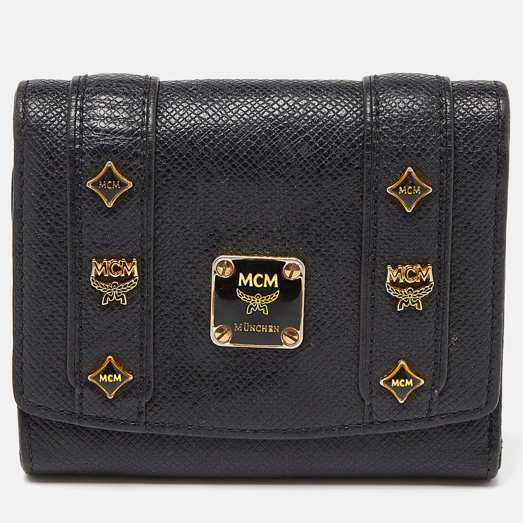 

MCM Black Leather Studded Charm Trifold Wallet