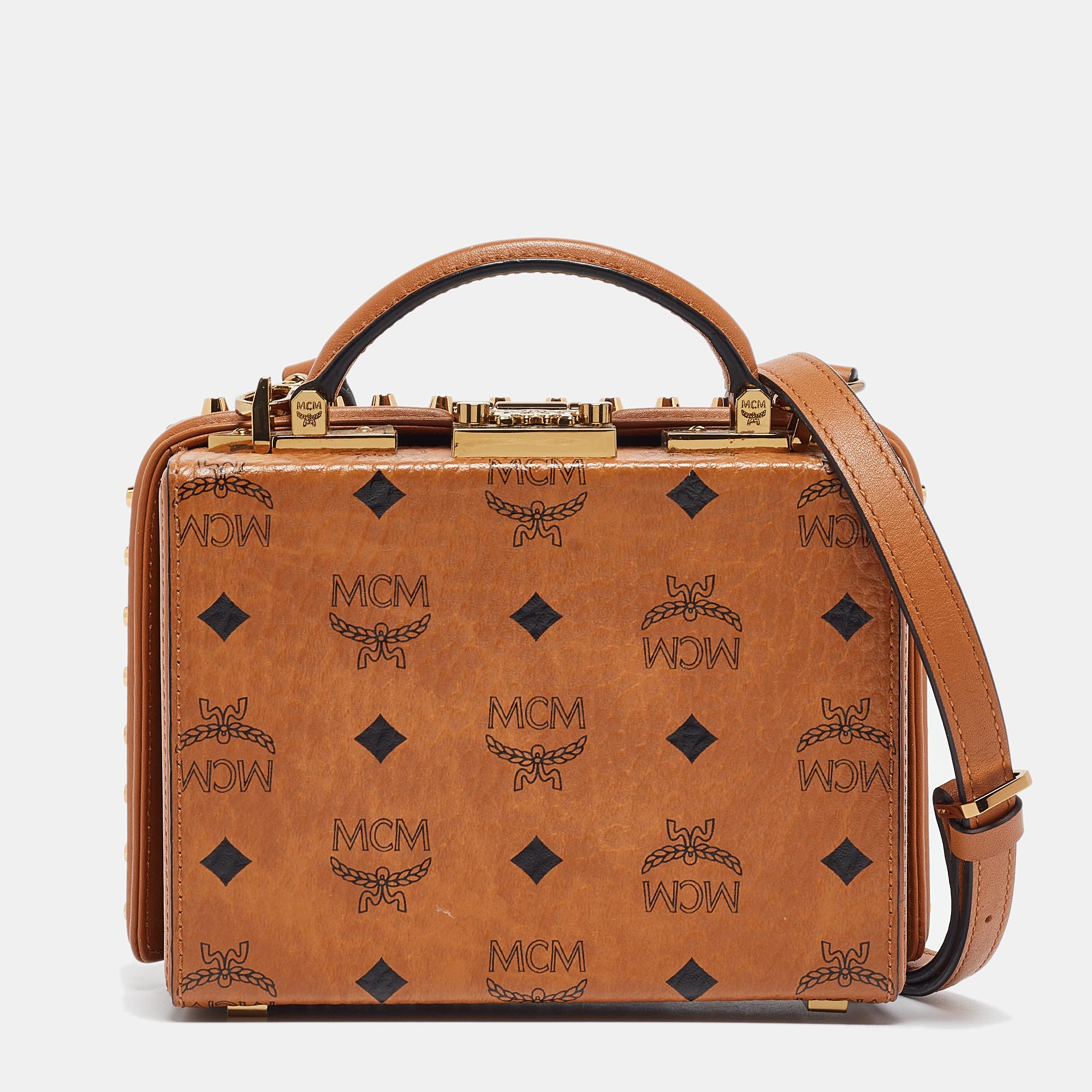 

MCM Cognac Visetos Coated Canvas and Leather Berlin Box Bag, Brown