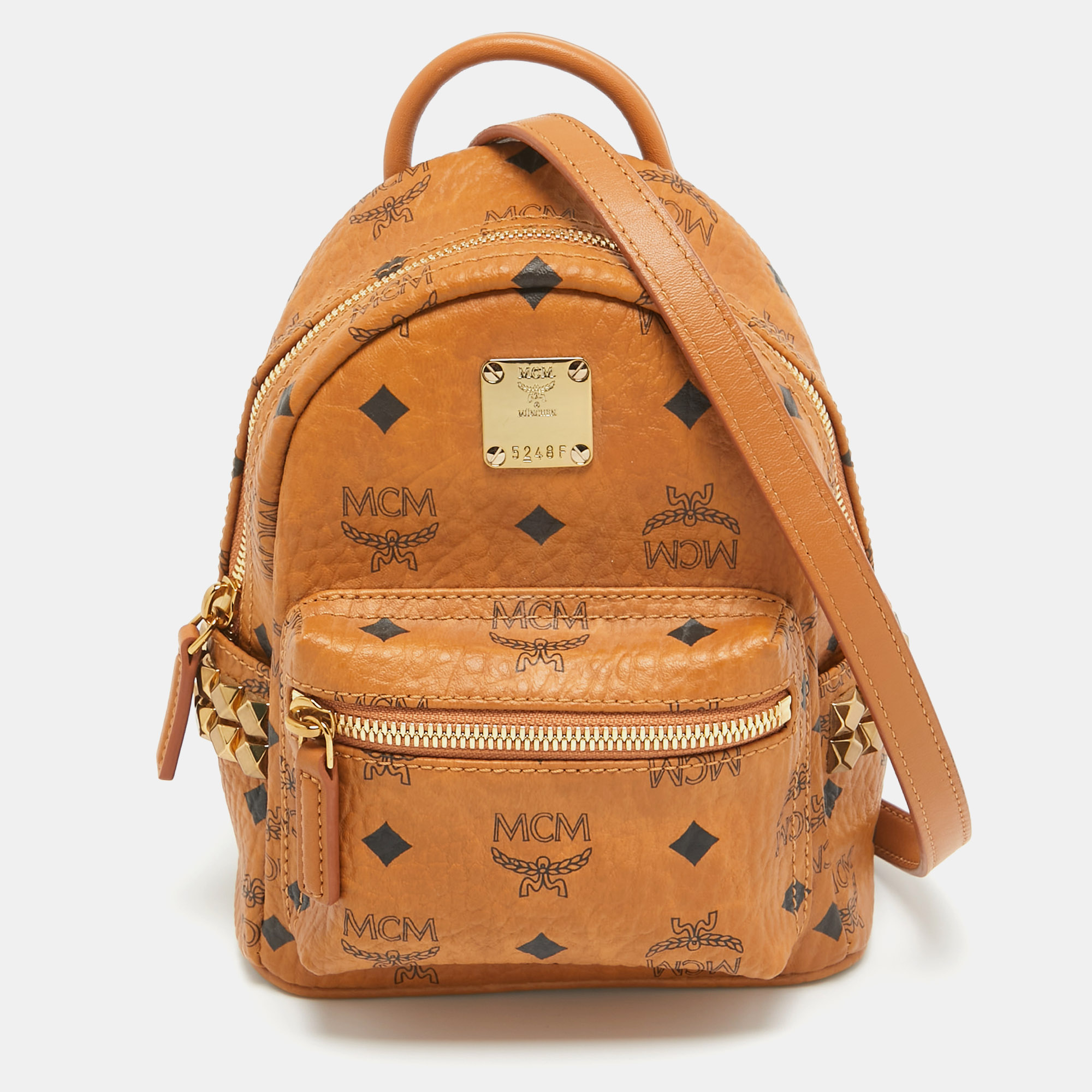 MCM Cognac Visetos Coated Canvas Mini Studded Stark Backpack