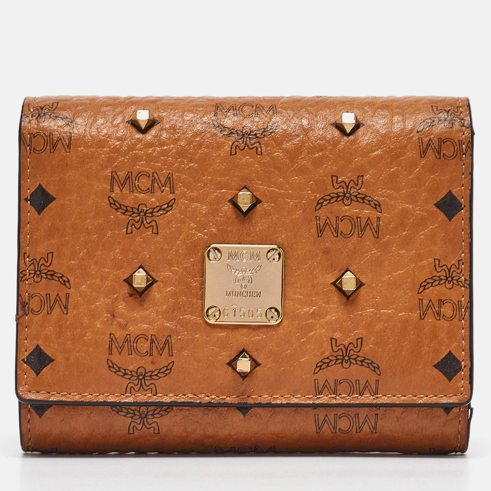

MCM Cognac Visetos Coated Canvas Studded Trifold Wallet, Brown