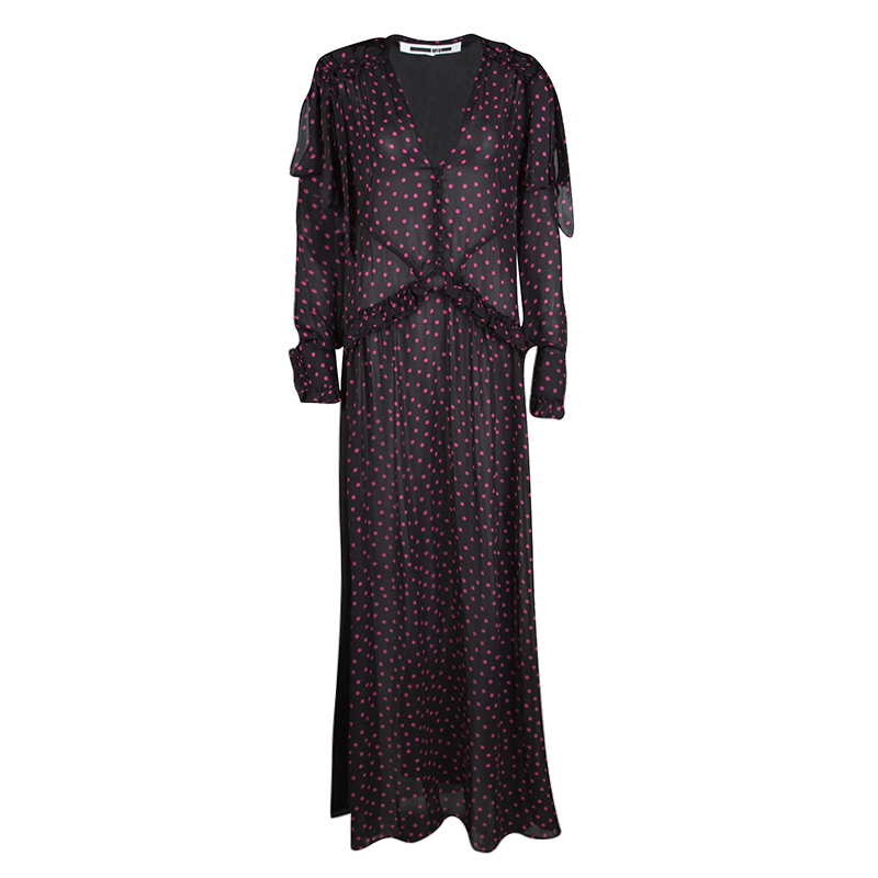 Pre Owned McQ by Alexander McQueen Black Polka Dotted Long Sleeve Maxi Dress S