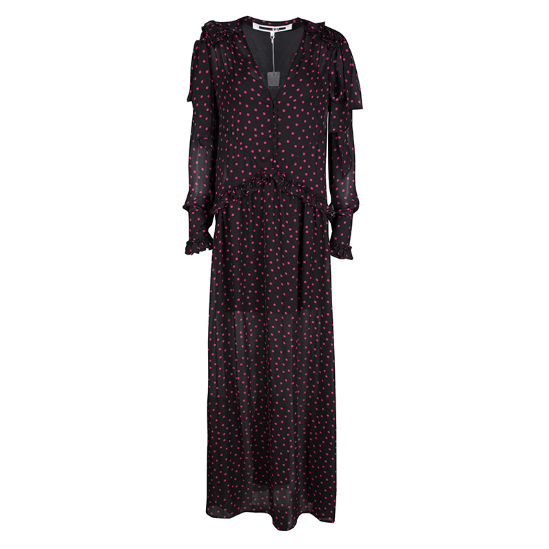 Pre Owned Alexander McQueen Black Polka Dot Ruffle Detail Maxi Dress S