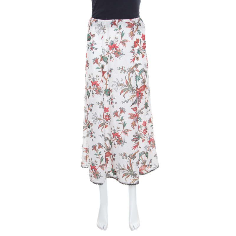Pre Owned McQ by Alexander McQueen Parchment White Floral Printed Lace Trimmed Midi Skirt S
