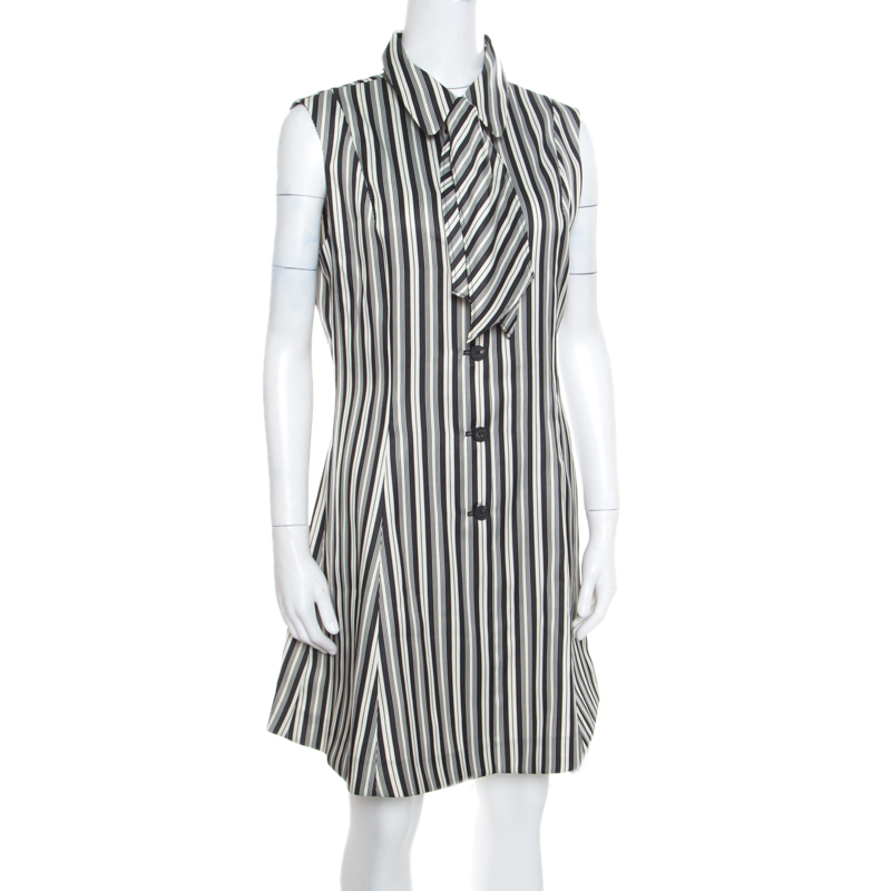 

McQ by Alexander McQueen Monochrome Striped Detachable Neck Tie Detail Sheath Dress, Multicolor