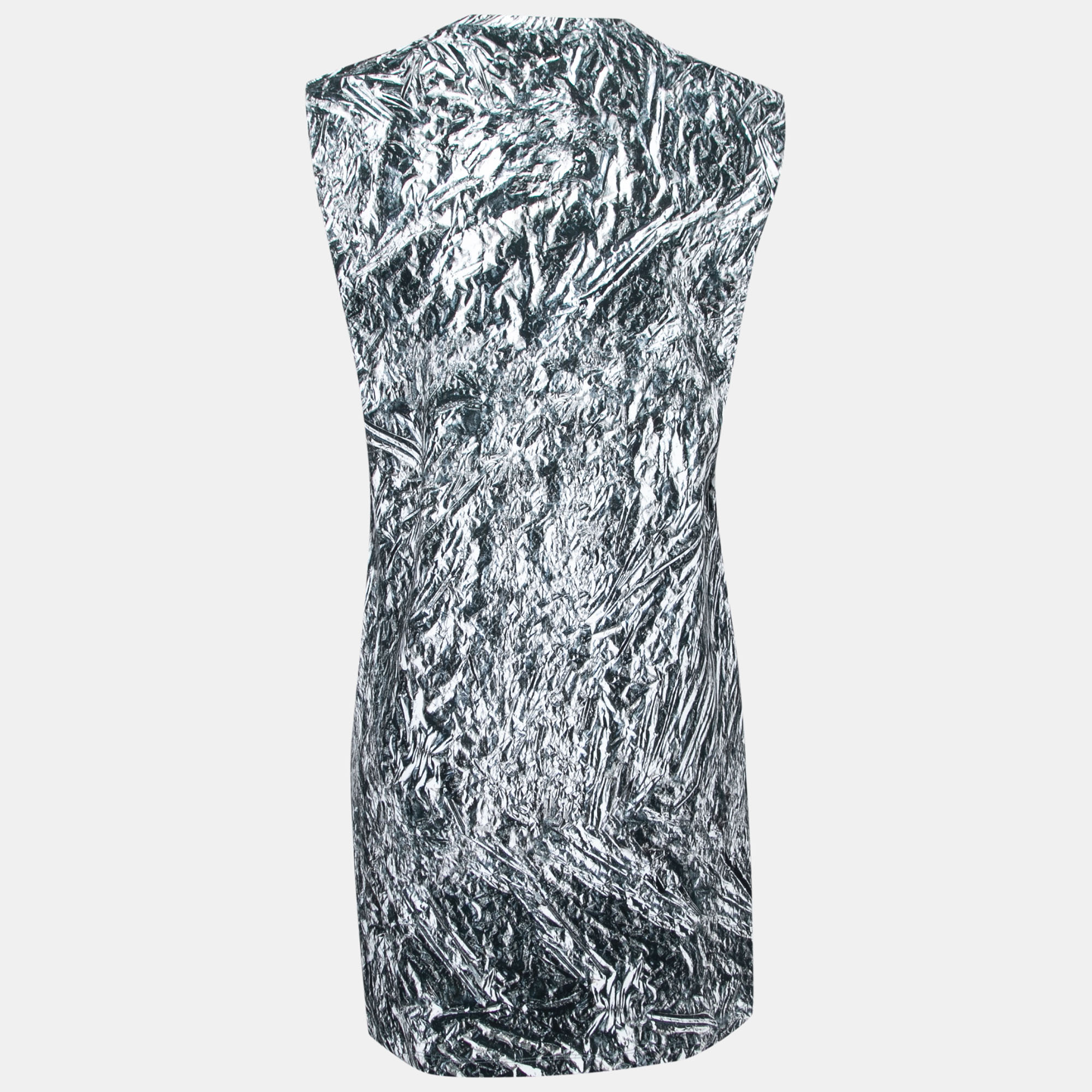 

McQ by Alexander McQueen Silver Foil Printed Cotton Stretch Sleeveless Shift Dress, Black
