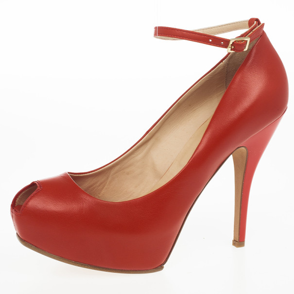 McQ By Alexander McQueen Red Leather Peep Toe Burlesque Size 41