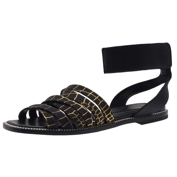 Pre Owned McQ by Alexander McQueen Croc Print Ankle Strap Erin Flat Sandals Size 36