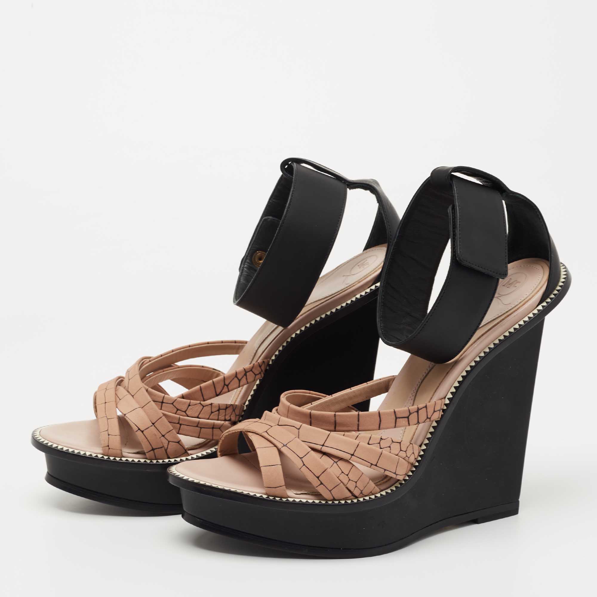 

McQ by Alexander McQueen Black/Light Pink Leather Wedge Ankle Strap Sandals Size