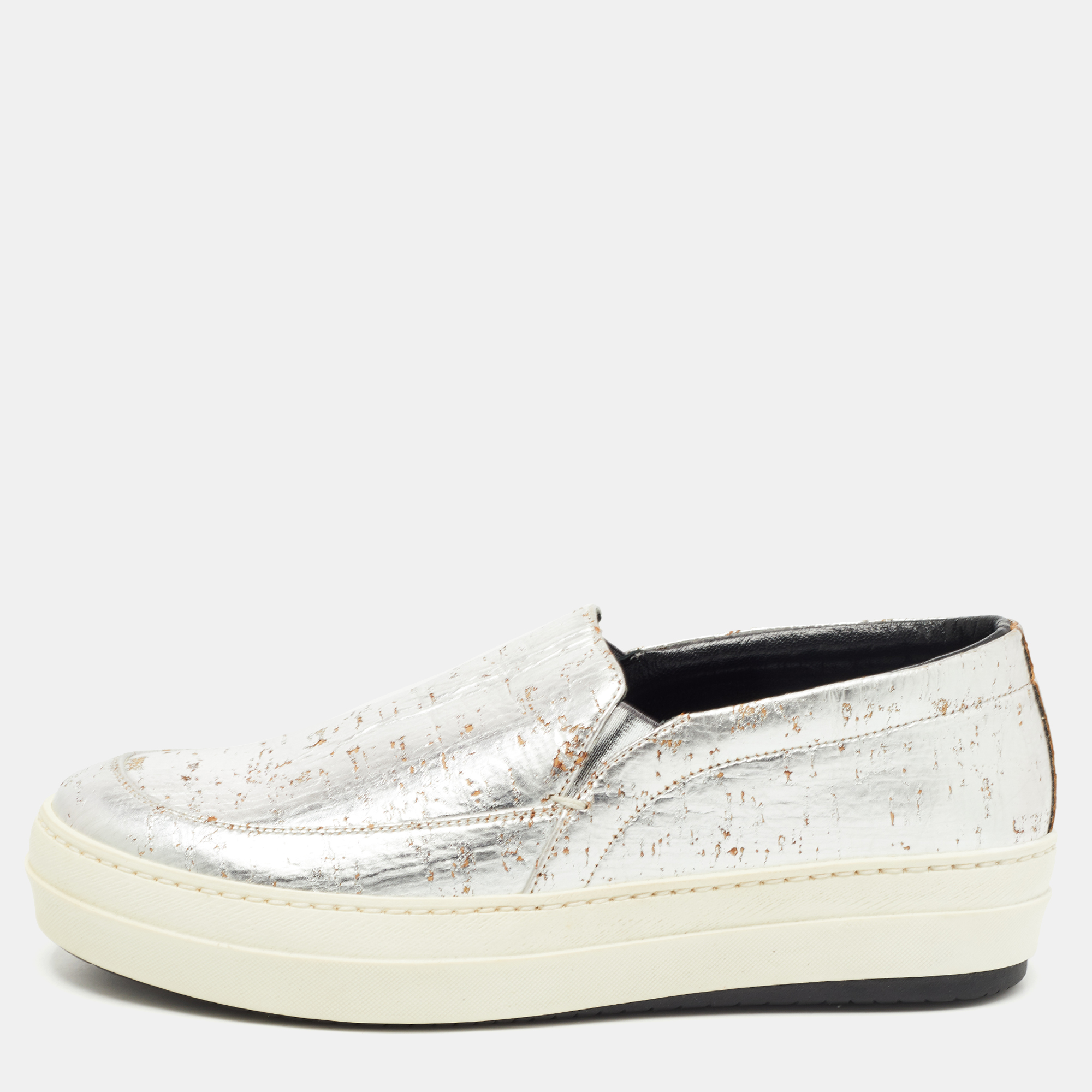 Pre-owned Mcq By Alexander Mcqueen Foil Silver Cork Slip On Sneakers Size 38