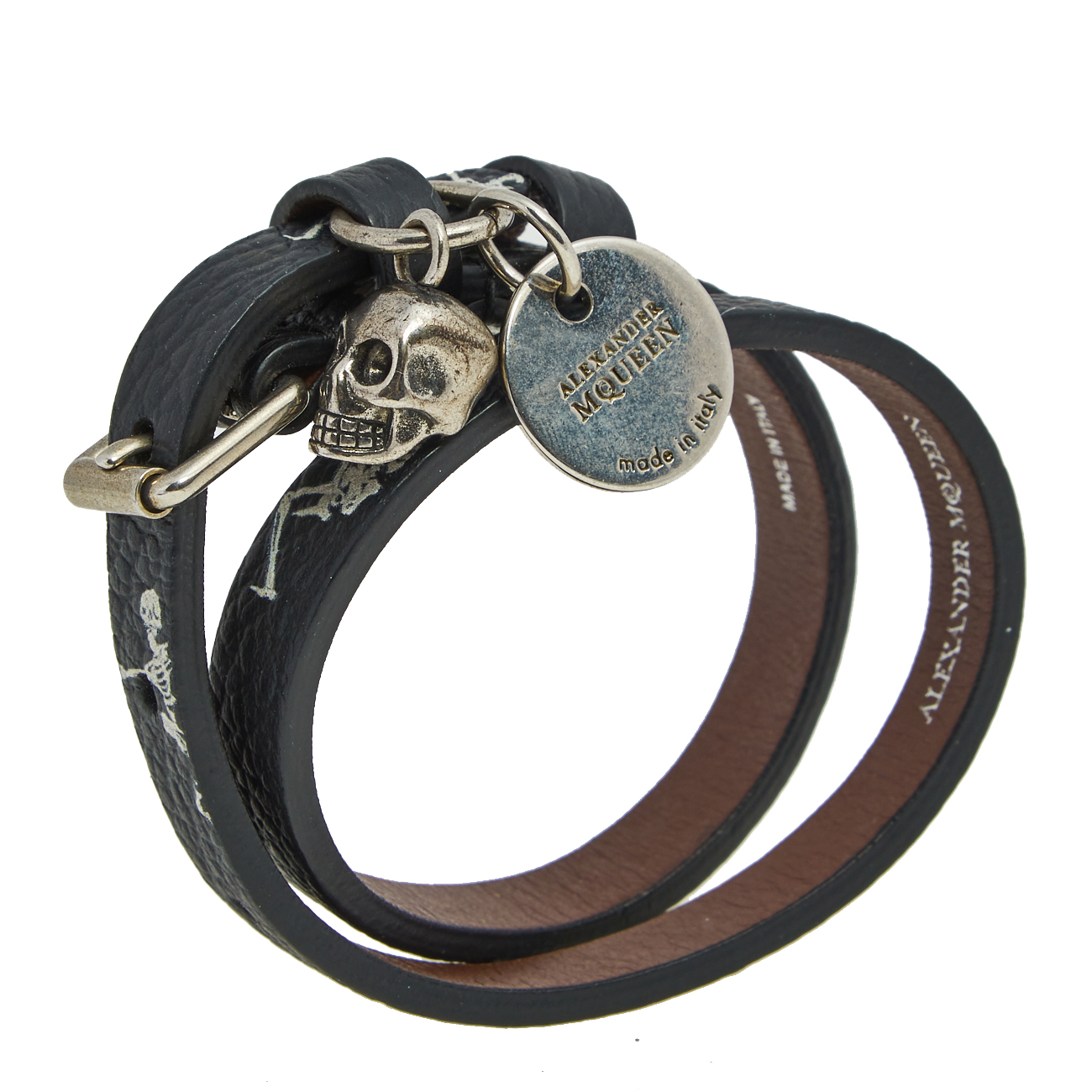 

Alexander McQueen Skull Print Silver Tone Metal Double Bracelet, Black