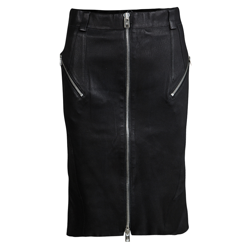 Pre Owned McQ By Alexander McQueen Black Lamb Leather Ruffled Back Pencil Skirt S