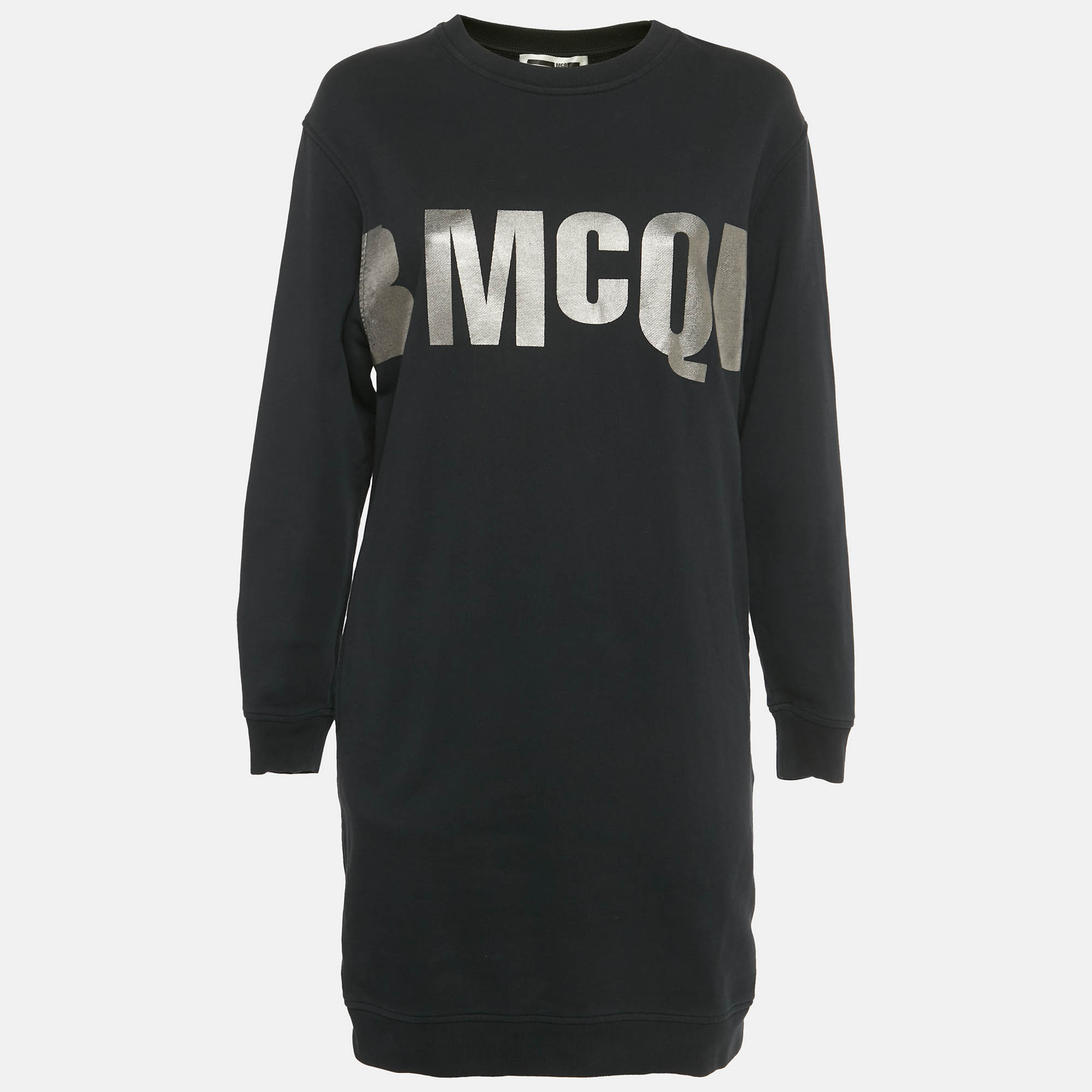 Pre-owned Mcq By Alexander Mcqueen Black Logo Print Cotton Knit T-shirt Dress L