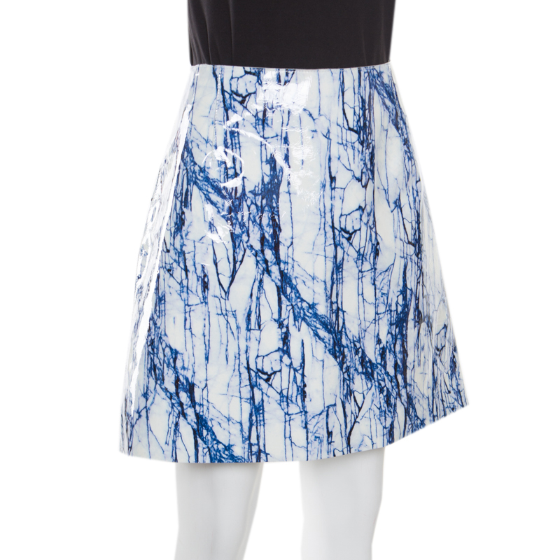 

McQ by Alexander McQueen Blue and White Marble Printed Glazed Leather A Line Skirt