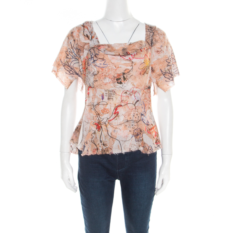 Pre Owned McQ by Alexander McQueen London Doodle Print Frayed Edge Asymmetric Cotton Top M