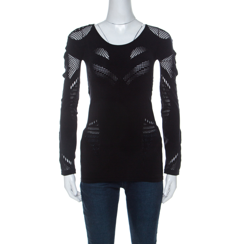 Pre Owned McQ by Alexander McQueen Black Stretch Perforated Knit Bodycon Top L
