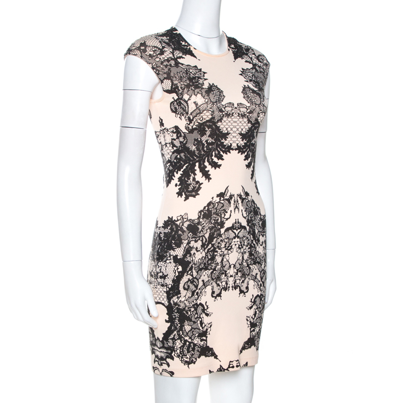 Pre-owned Mcq By Alexander Mcqueen Bicolor Lace Printed Jersey Fitted Dress Xs In Cream