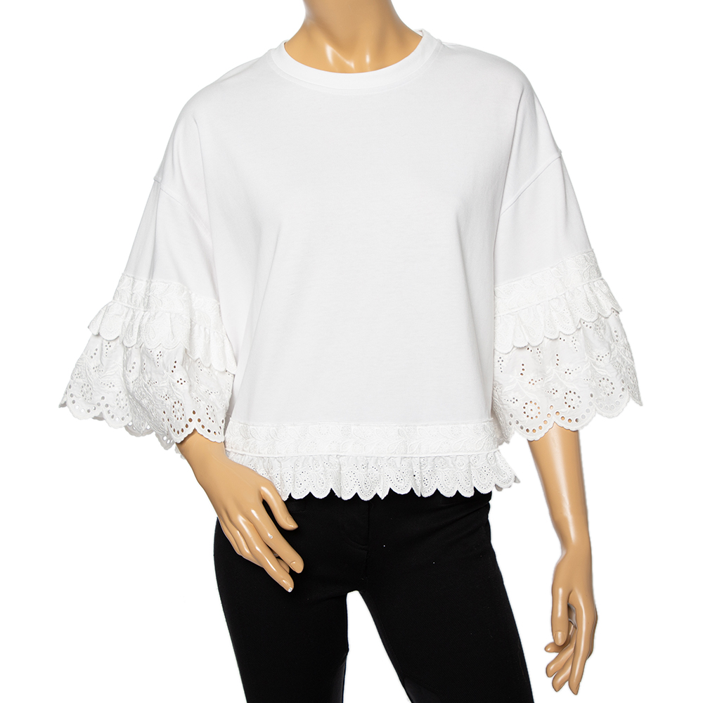 

McQ by Alexander McQueen White Cotton Eyelet Trimmed Ruffled T-Shirt