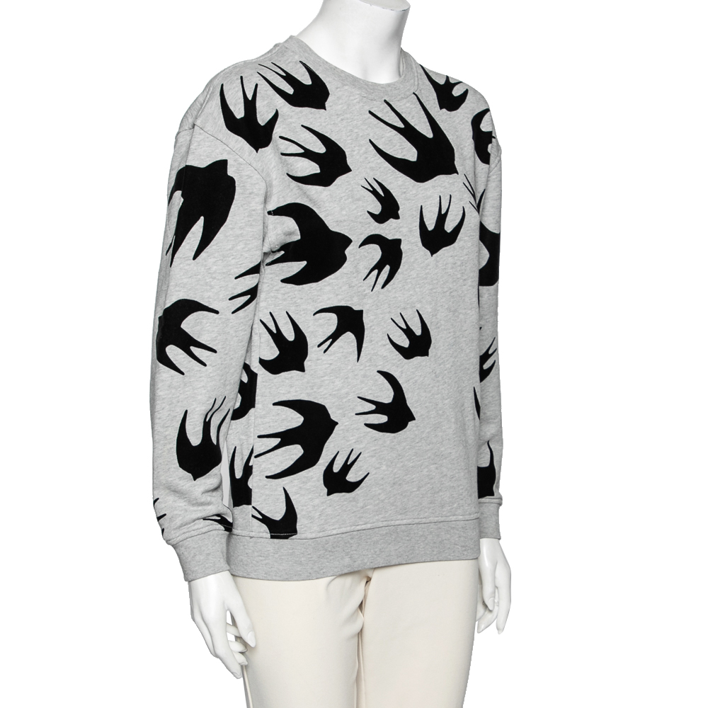 

McQ by Alexander McQueen Grey Flocked Swallow Cotton Knit Crewneck Sweatshirt