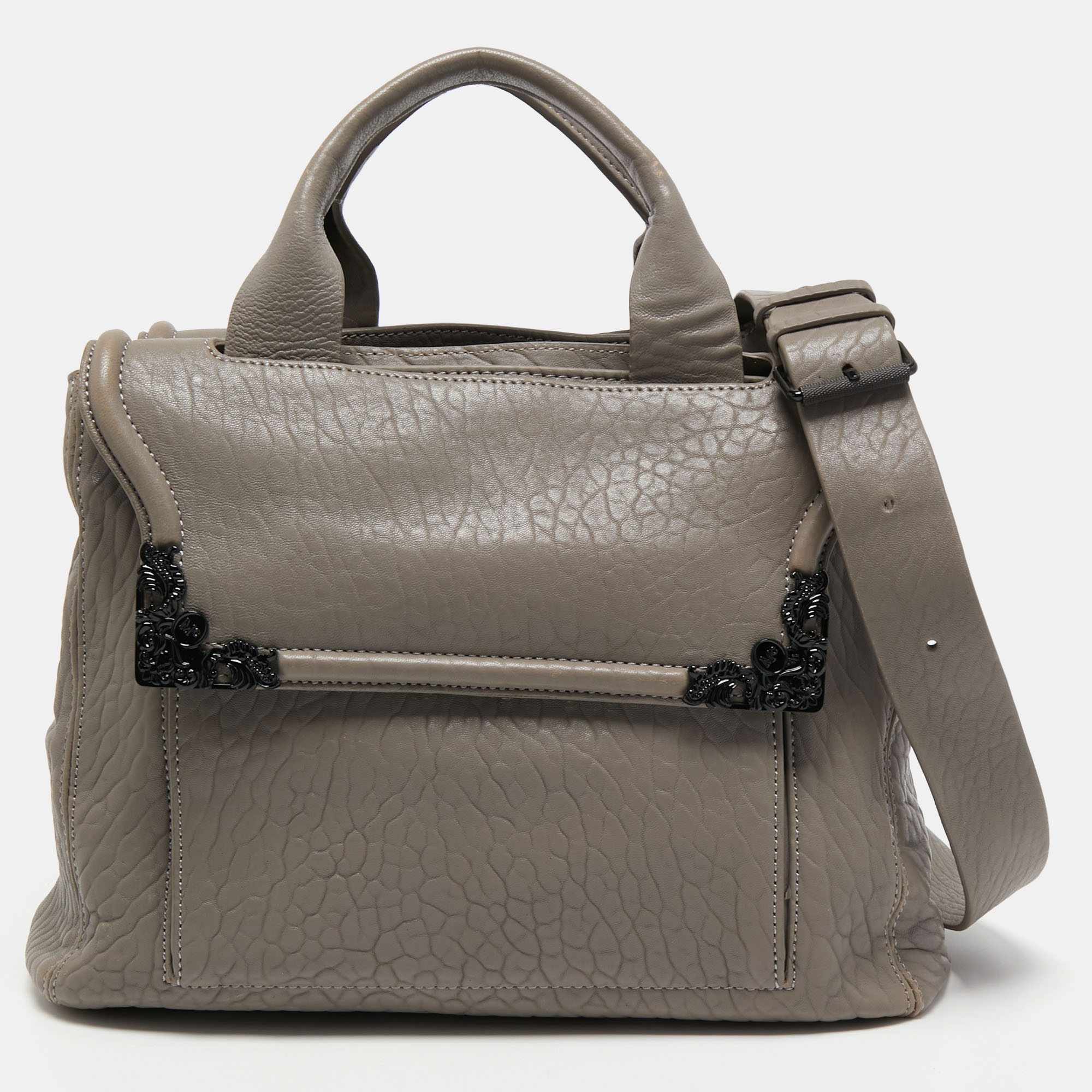 Pre-owned Mcq By Alexander Mcqueen Grey Pebbled Leather Frame Flap Tote