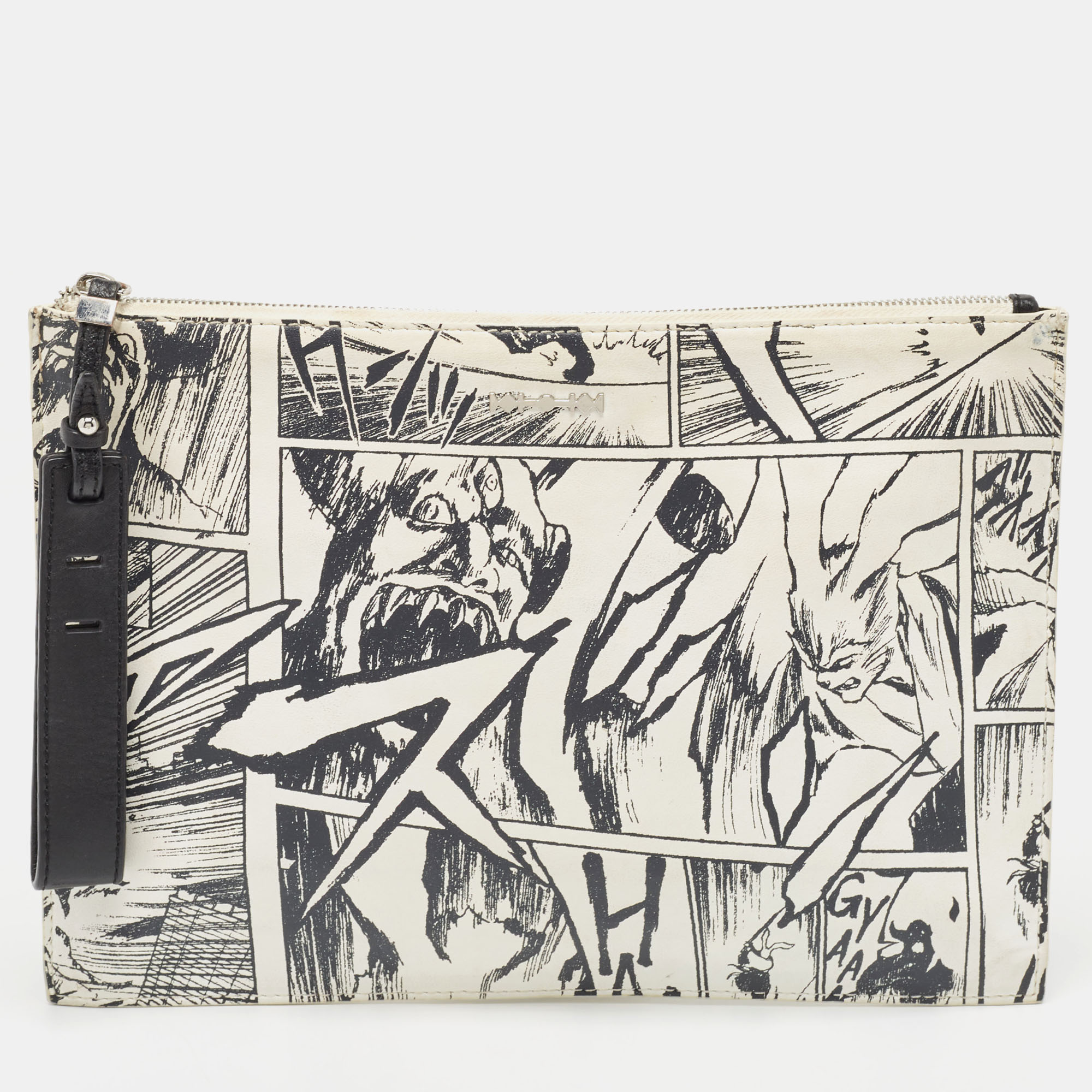 Pre-owned Mcq By Alexander Mcqueen White/black Manga Print Leather Zip Pouch