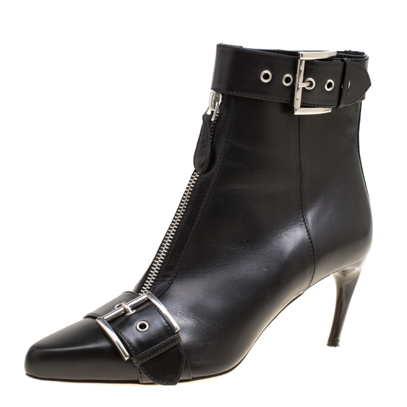 Alexander McQueen Black Leather Double Buckle Pointed Toe Ankle Boots Size 36.5 