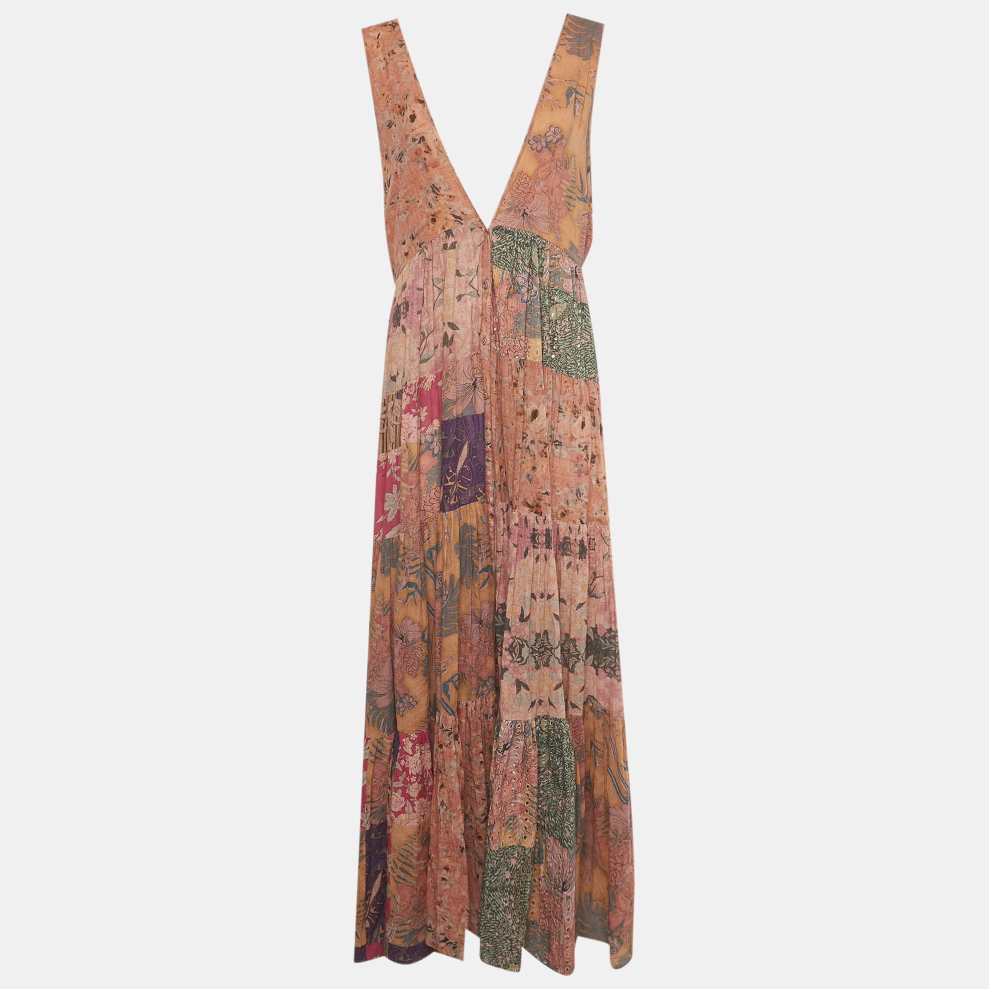 Pre-owned Mes Demoiselles Multicolor Floral Print Eyelet Detail Cotton Maxi Dress S