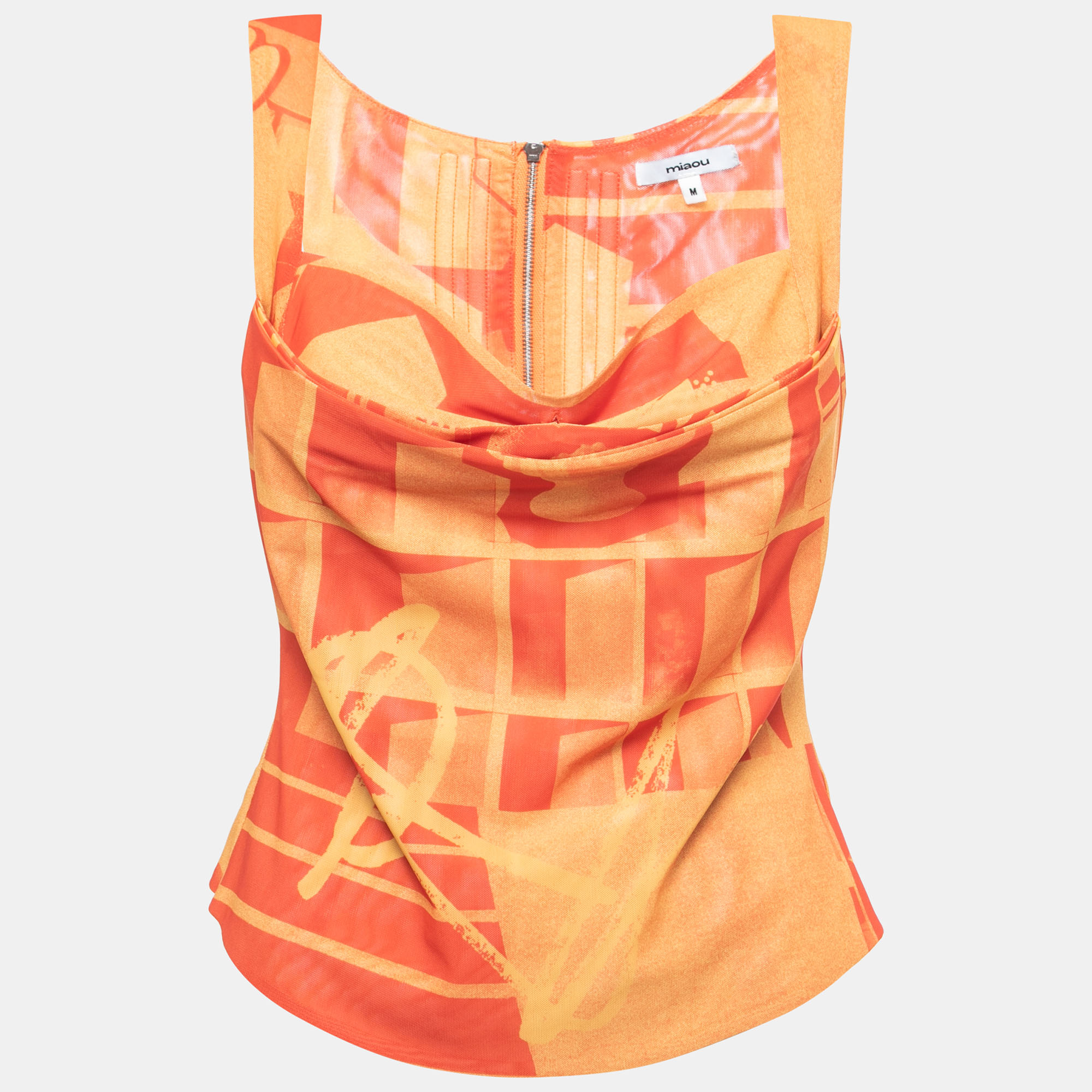 

Miaou Orange Abstract Print Knit Sleeveless Corset Blouse