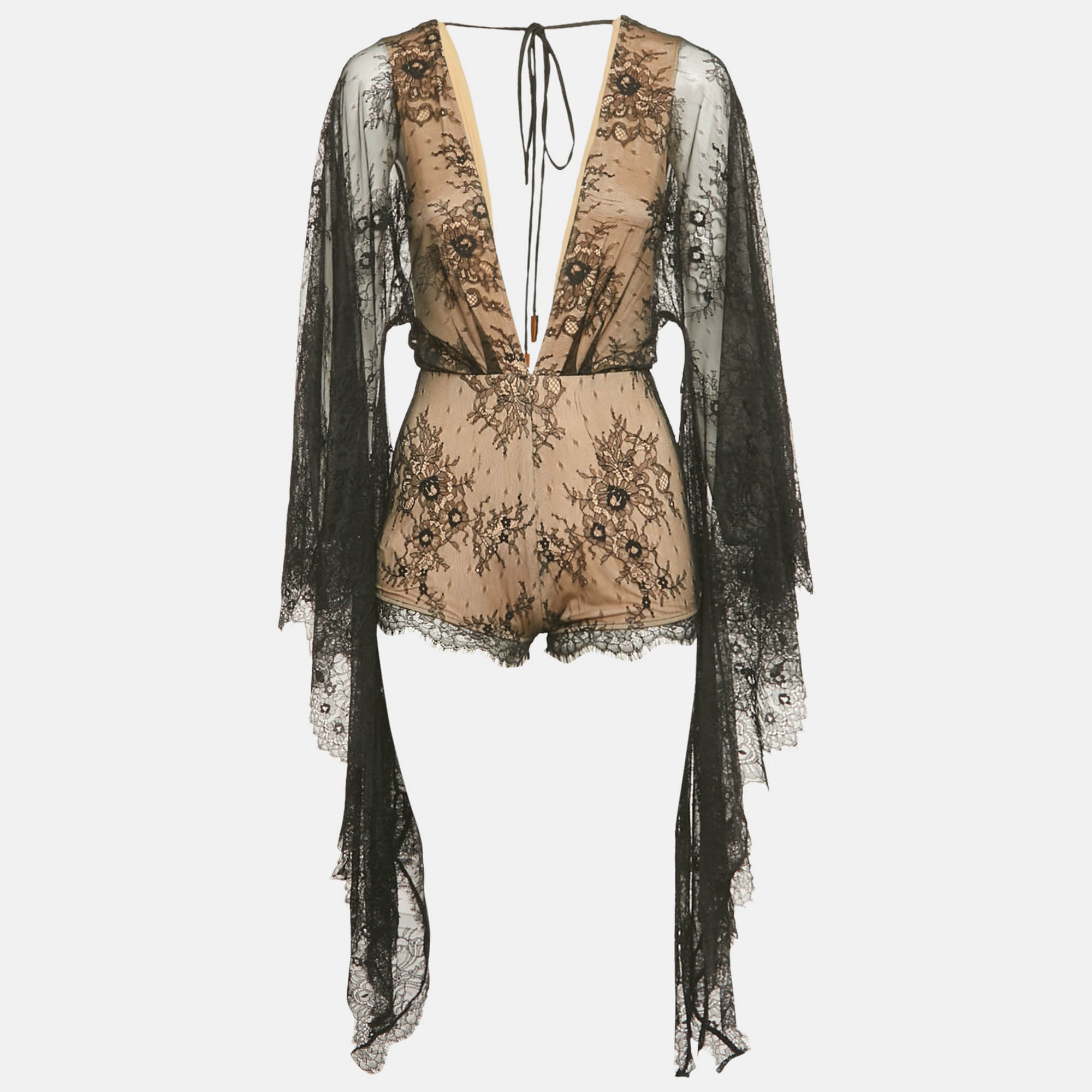 Pre-owned Michael Costello X Revolve Black Lace Flared Sleeve Bodysuit S
