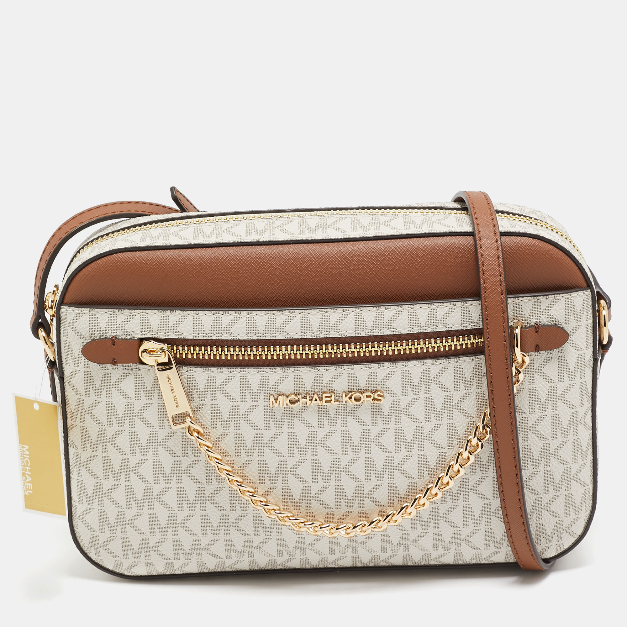 Pre-owned Michael Kors White/brown Signature Coated Canvas And Leather Jet Set Item Crossbody Bag