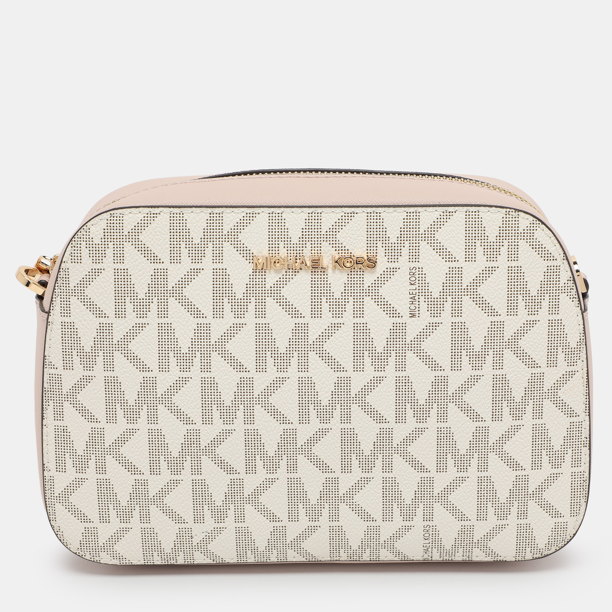 

Michael Kors Pink/Beige Signature Coated Canvas and Leather Jet Set Crossbody Bag