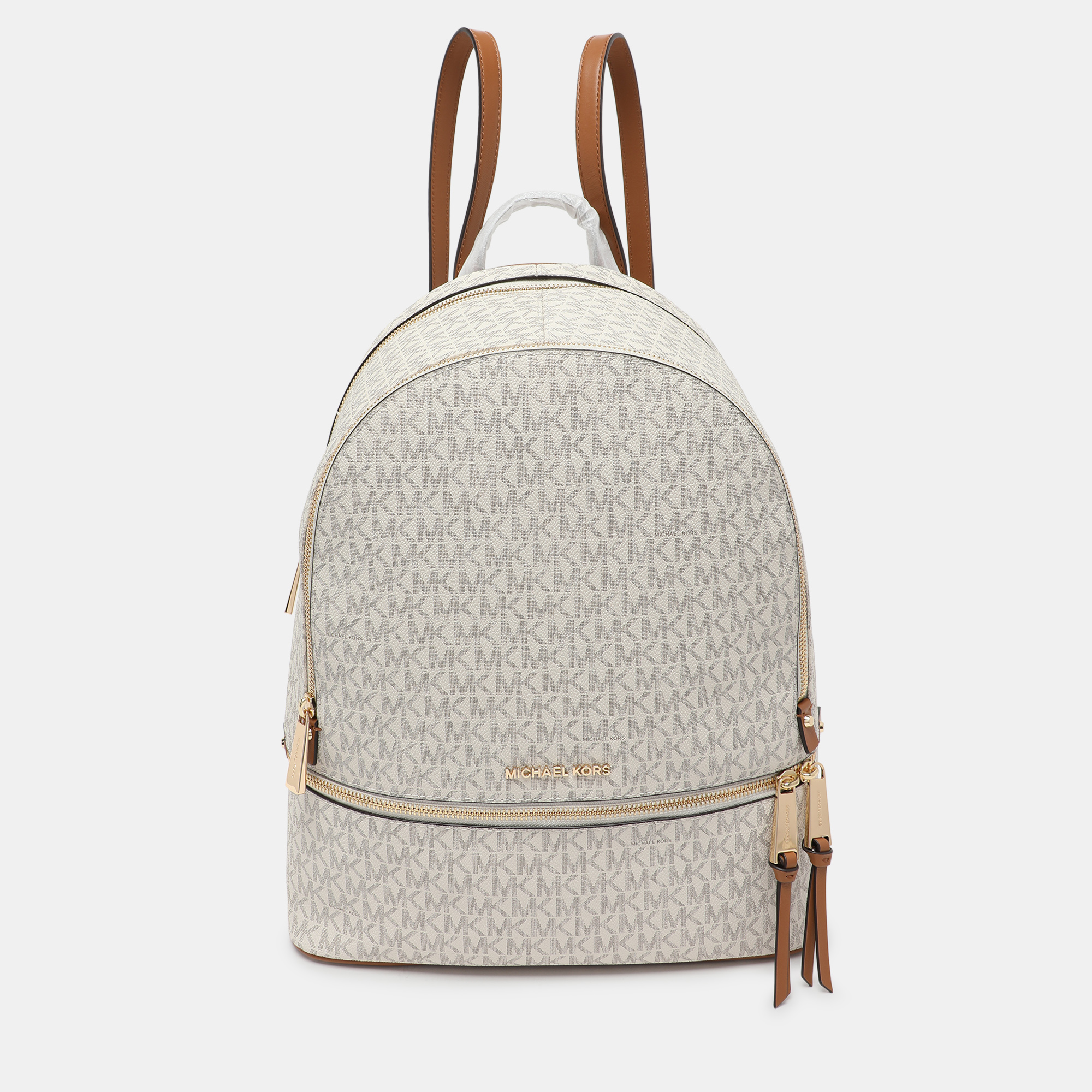 White/Brown Signature Coated Canvas and Leather Large Rhea Backpack