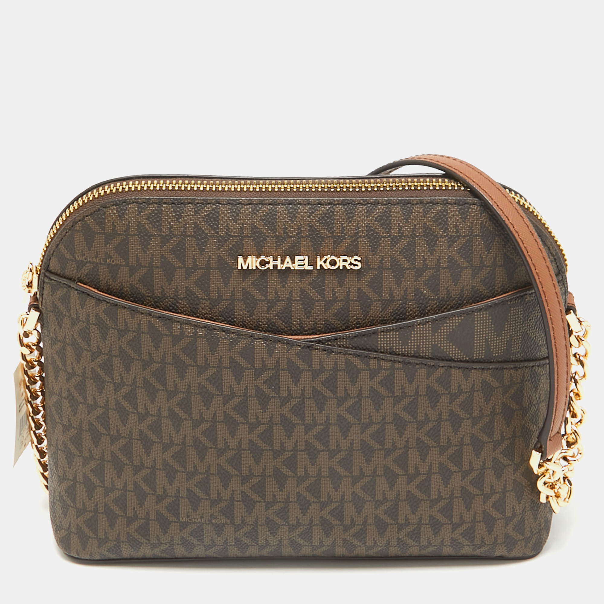 

Michael Kors Brown Signature Coated Canvas Jet Set Dome Crossbody Bag