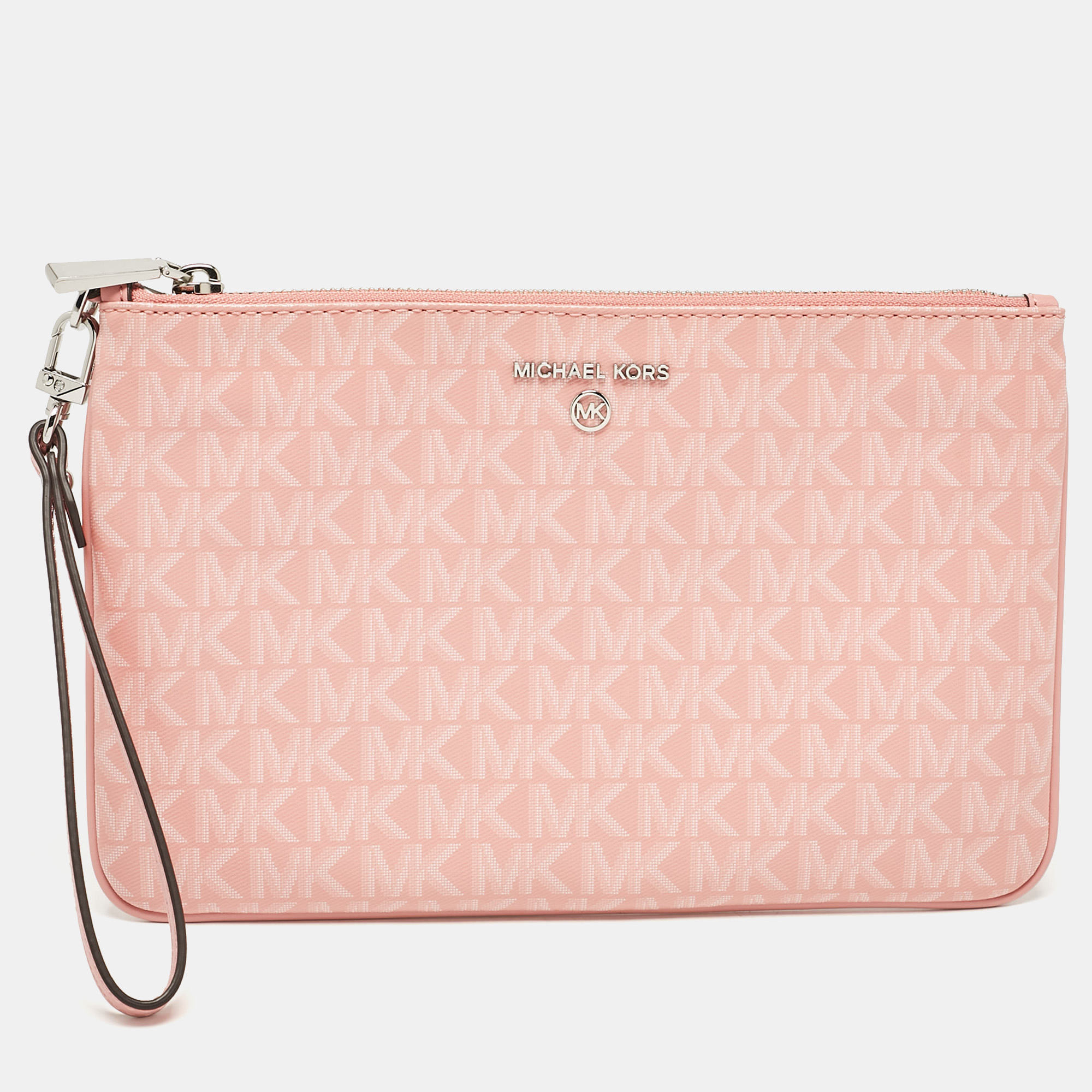 

Michael Kors Pink Signature Coated Canvas and Leather Wristlet Pouch