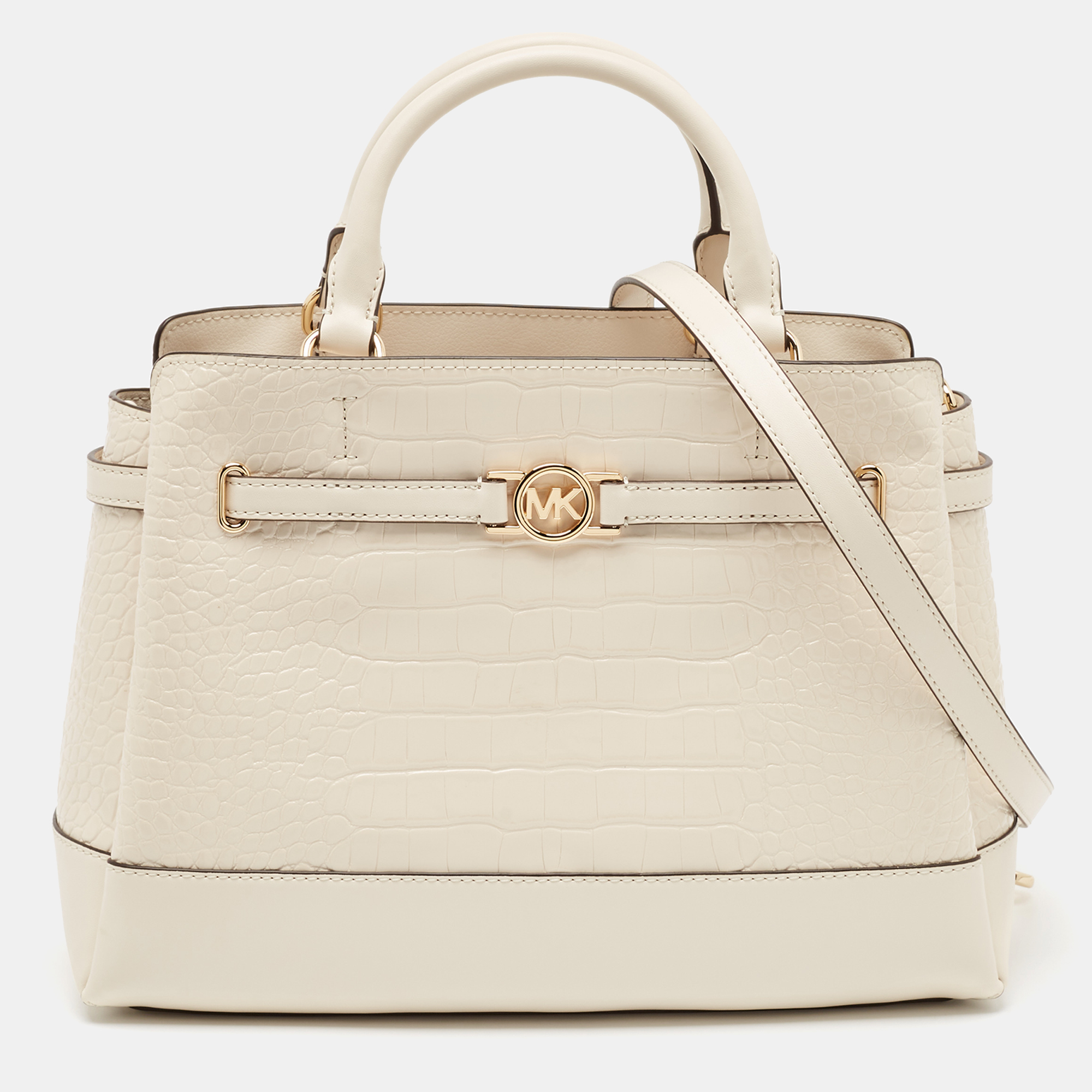 

Michael Kors White Croc Embossed Patent and Leather Large Reed Satchel